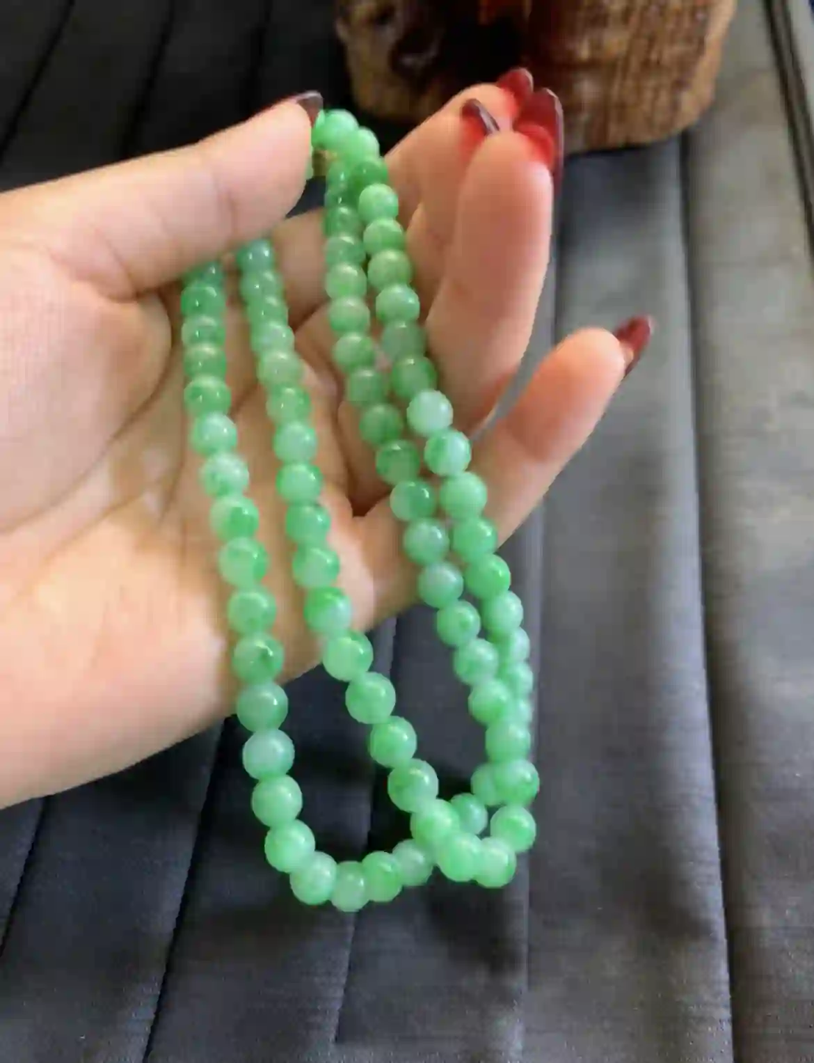   Bright Green Floating Flower Jade Beaded Long Necklace, view 2 | Myanmar Jadeite reference #2910006