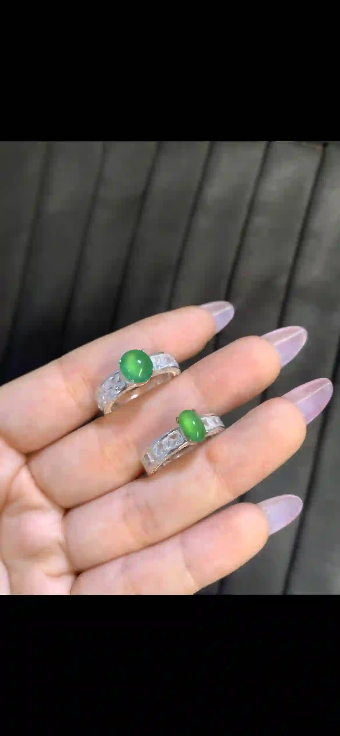Vibrant Green Jadeite Cabochon Silver Inlaid Ring Pair | Myanmar Jadeite reference #8310001