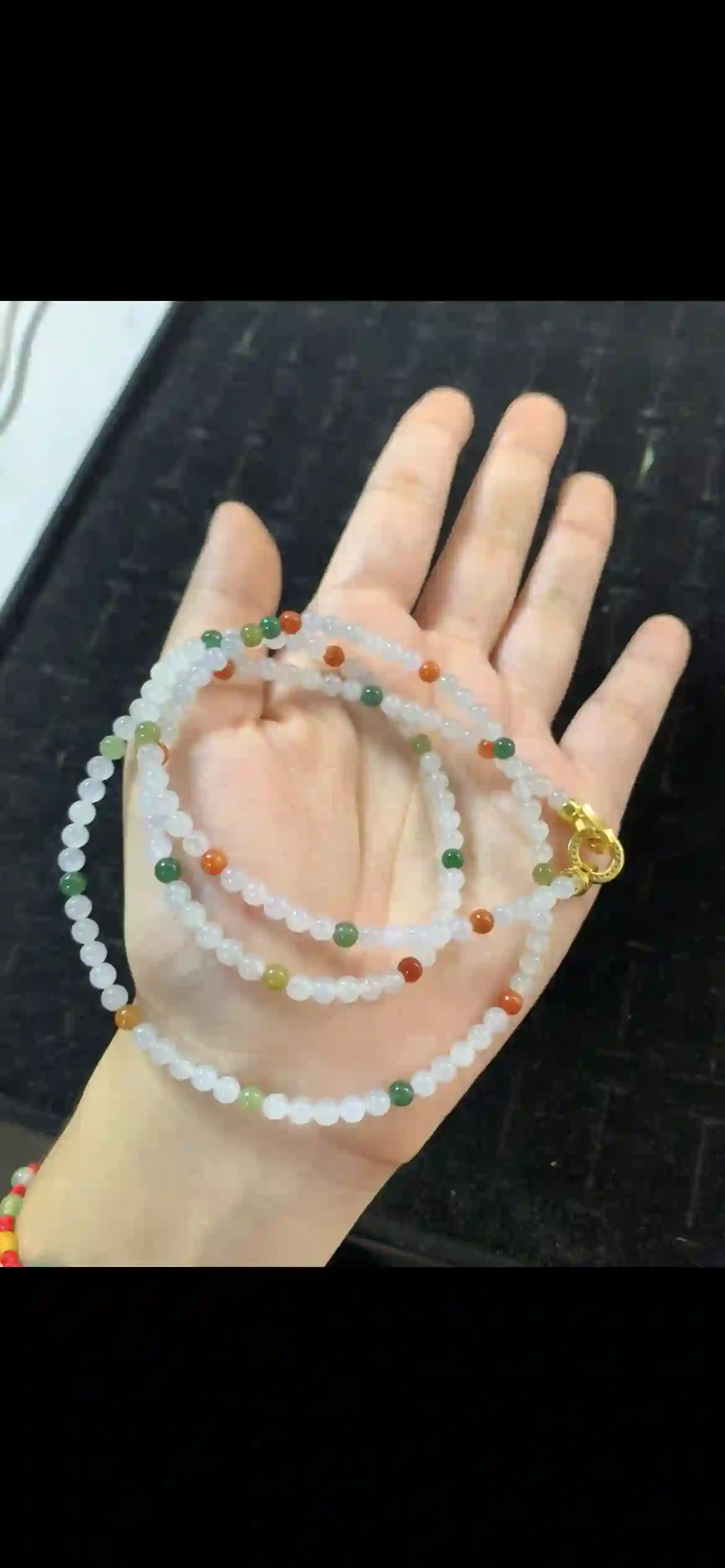 Icy White Jadeite Bead Long Necklace — Multi-Color Accents & Gold Clasp | Myanmar Jadeite reference #20790001
