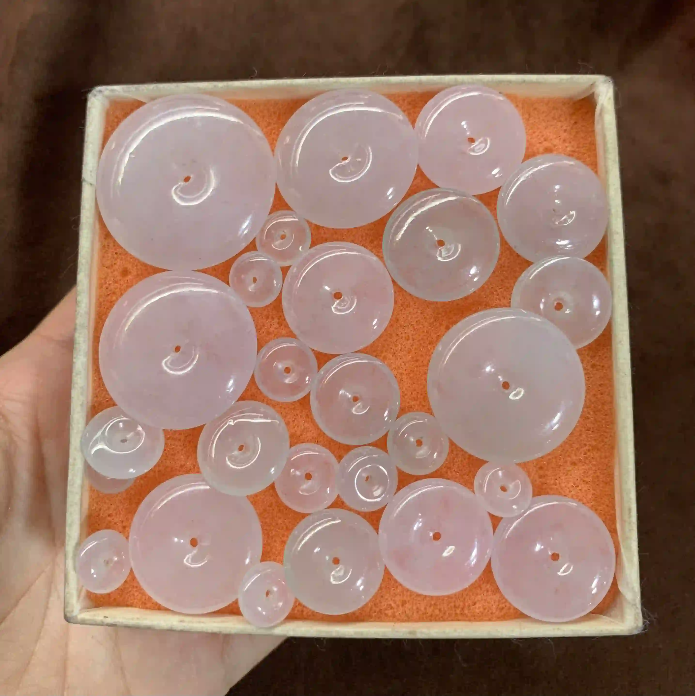 Assorted Sizes Pink Translucent Gemstone Safety Pendants (Ping An Kou), view 2 | Myanmar Jadeite reference #780001
