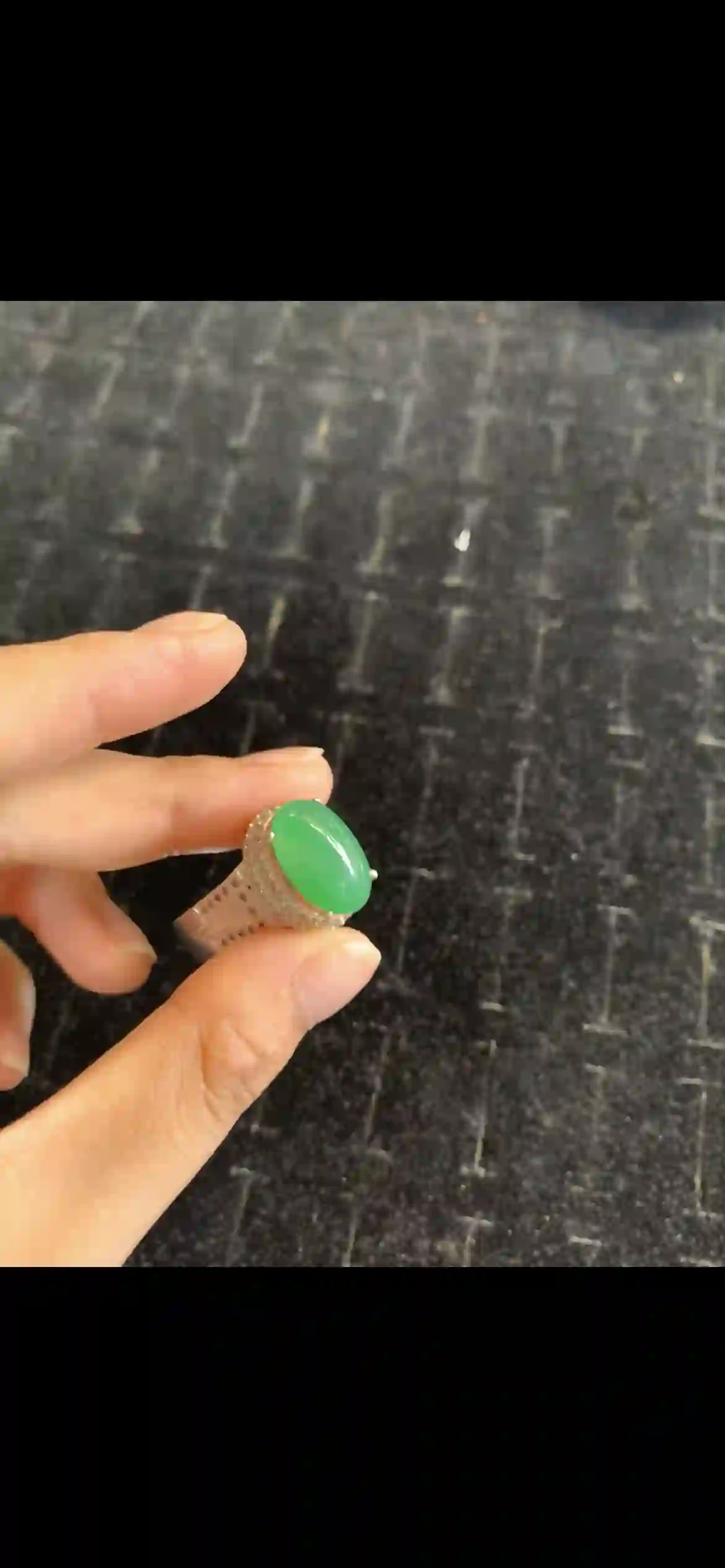 Vivid Emerald Green Jadeite Cabochon Ring with Double Diamond Halo & Pave Band, view 2 | Myanmar Jadeite reference #20460001
