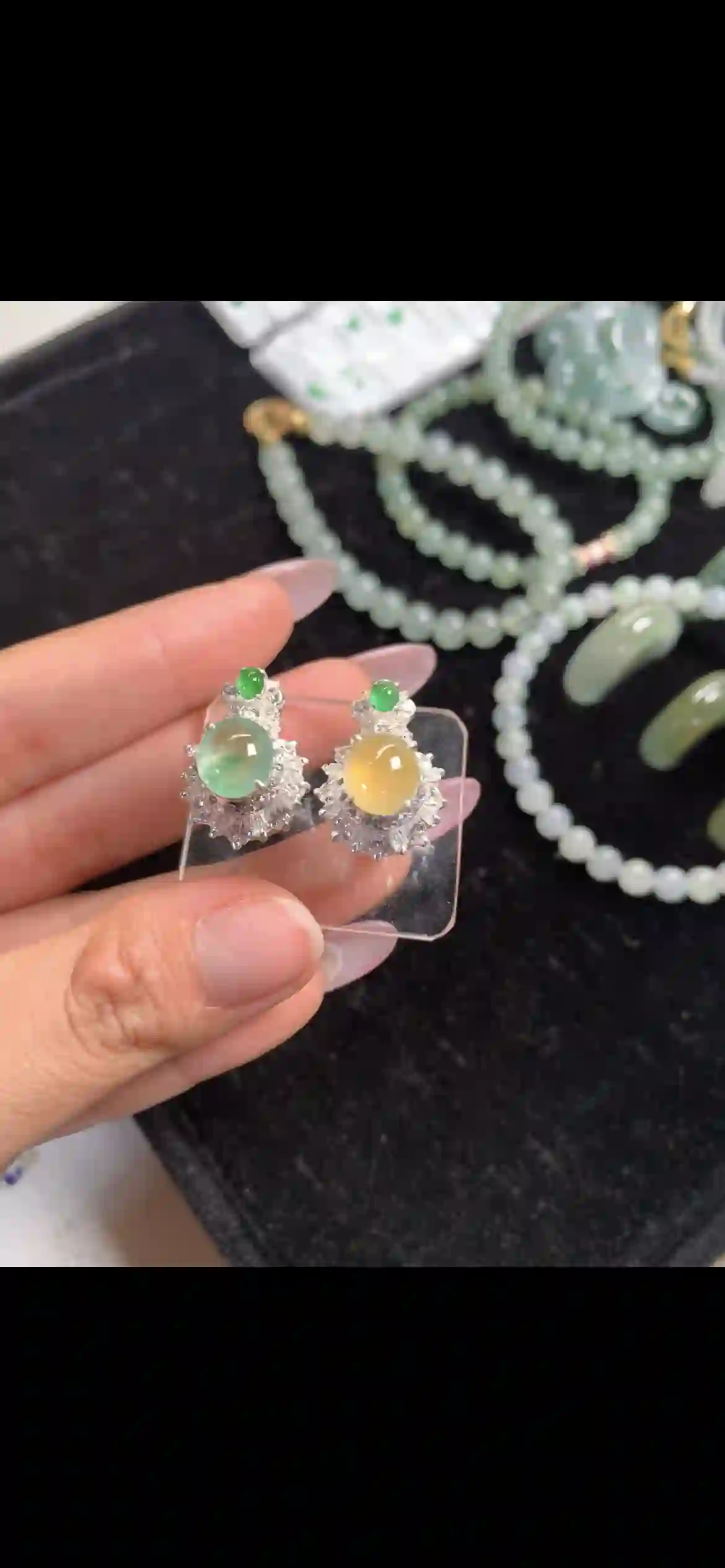 Bi‑Color Green & Honey Yellow Jadeite Halo Stud Earrings | Myanmar Jadeite reference #11310001