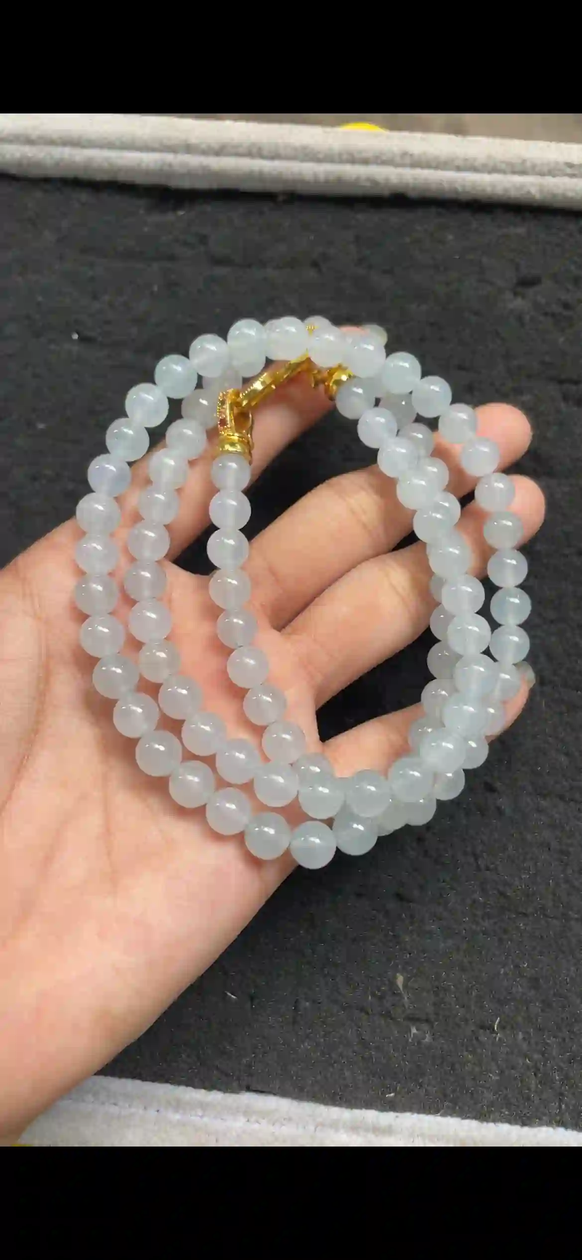 Icy Translucent Pale Blue Jade Bead Triple-Layer Bracelet with Gold Clasp, view 2 | Myanmar Jadeite reference #6600003
