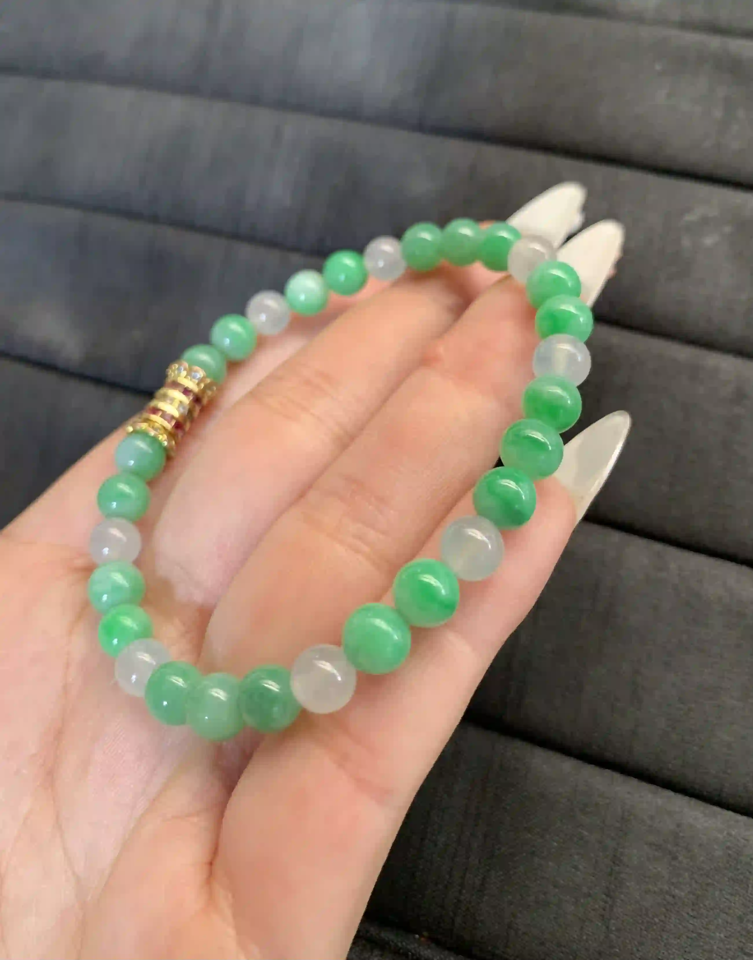 Natural Green Jade Bead Bracelet with Gold Accent, view 2 | Myanmar Jadeite reference #1830003