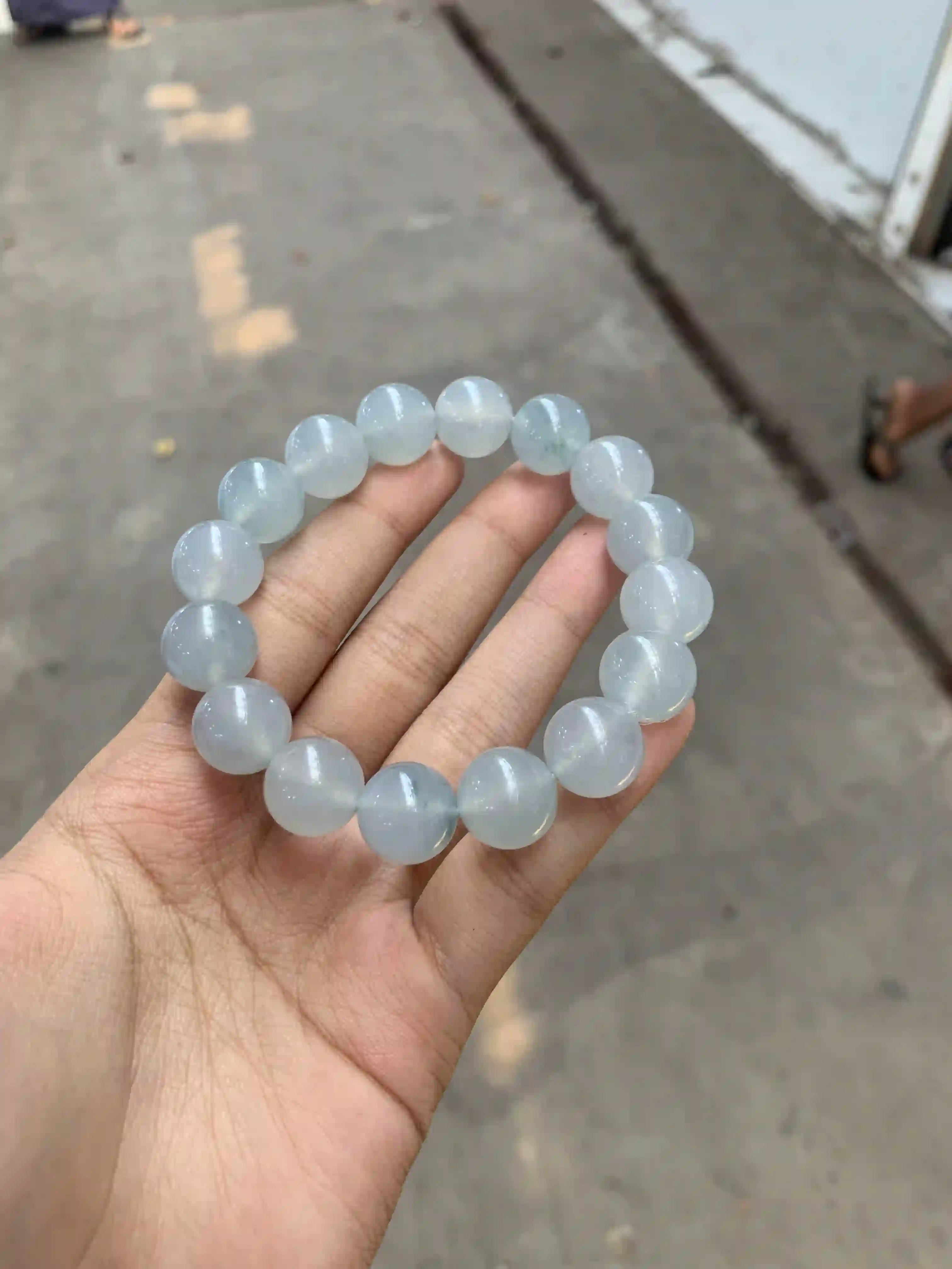  Translucent Light Grayish-Blue Jade Bead Bracelet with Natural Patterns, view 2 | Myanmar Jadeite reference #1380003