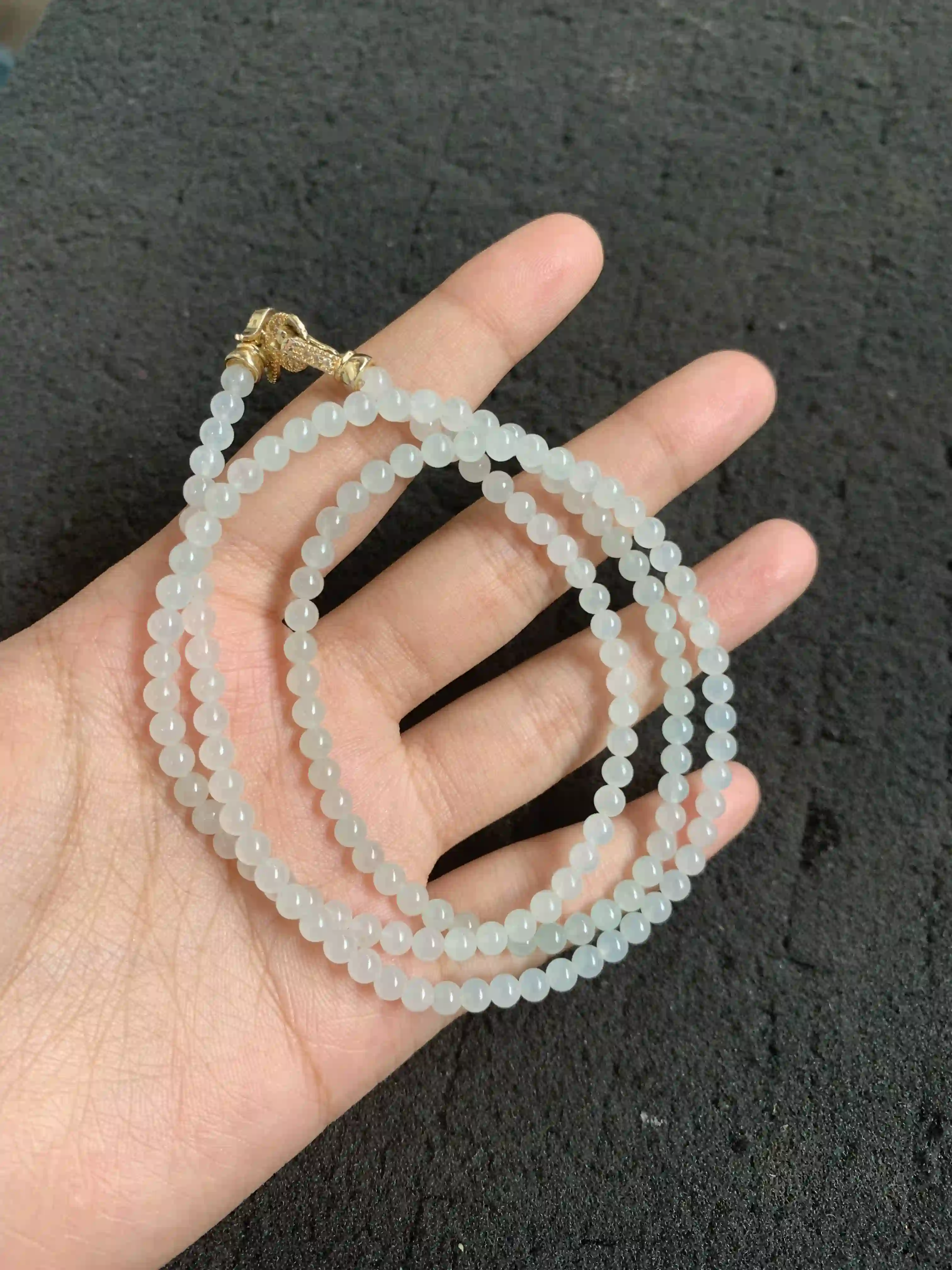  Translucent White Jade Beaded Multi-wrap Bracelet/Necklace with Gold Clasp   | Myanmar Jadeite reference #510002