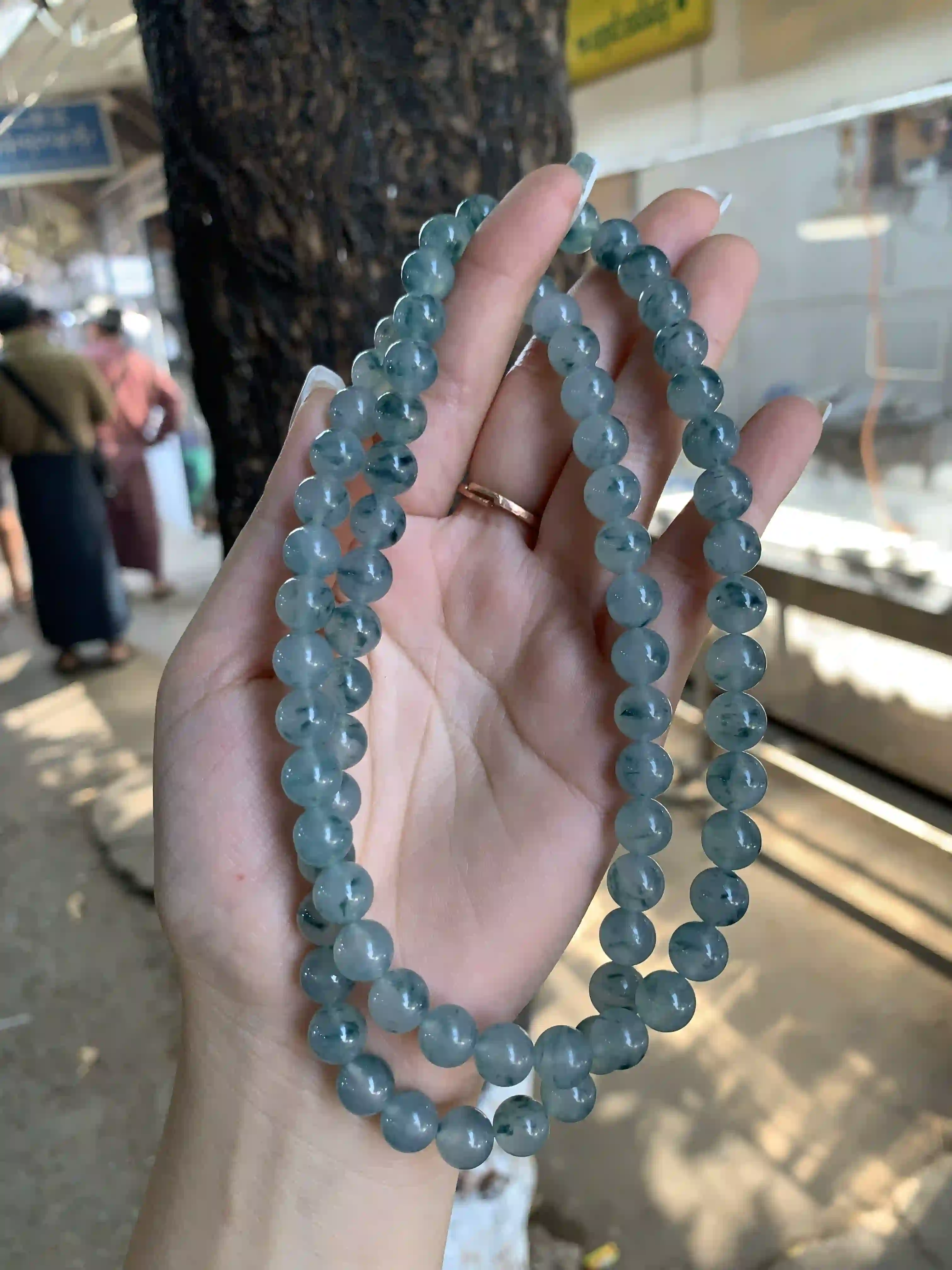 Translucent Blue-Green Beaded Necklace with Gold Clasp, view 2 | Myanmar Jadeite reference #360005