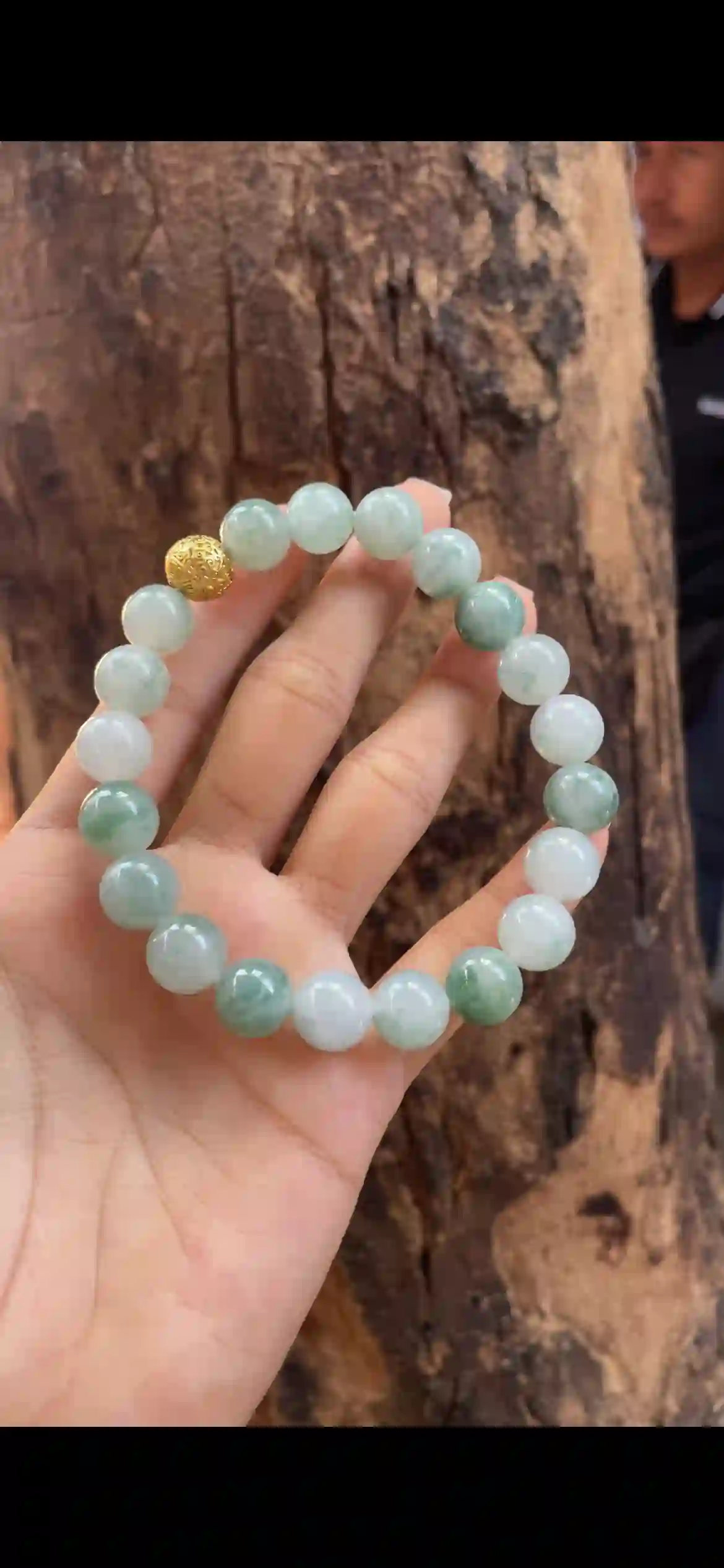 Tri‑Color Icy White‑Green‑Honey Jadeite Multi‑Loop Strand, view 2 | Myanmar Jadeite reference #10050001