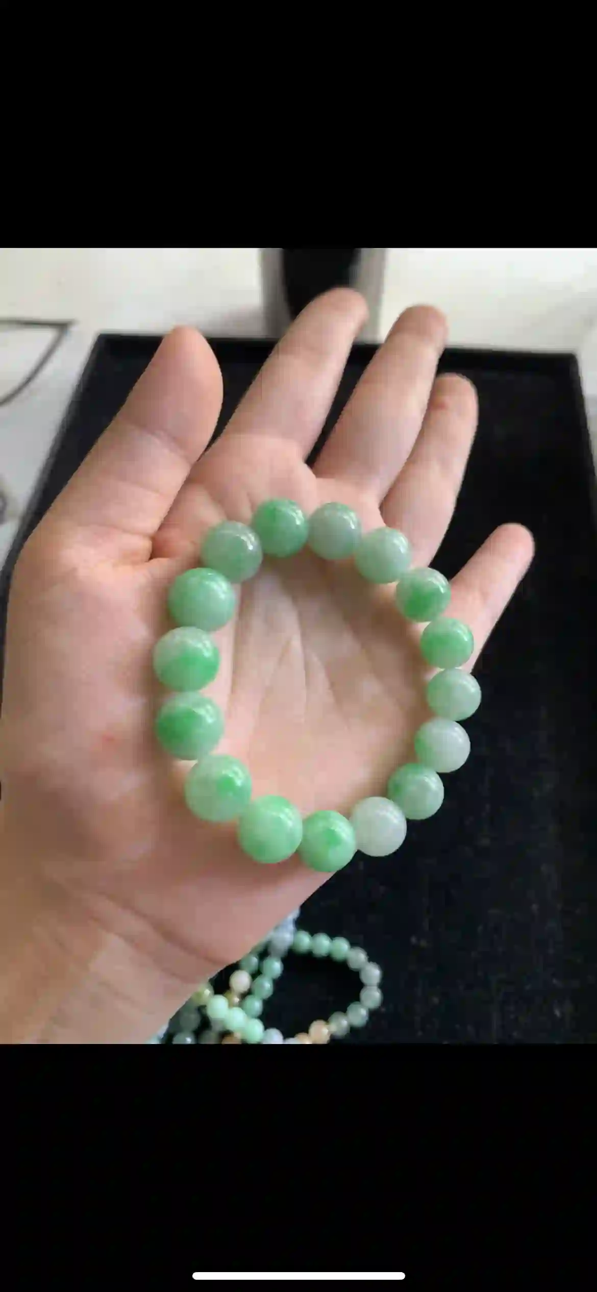 Pale Green Jade Bead Bracelet with Vivid Apple Green Inclusions, view 2 | Myanmar Jadeite reference #19200001