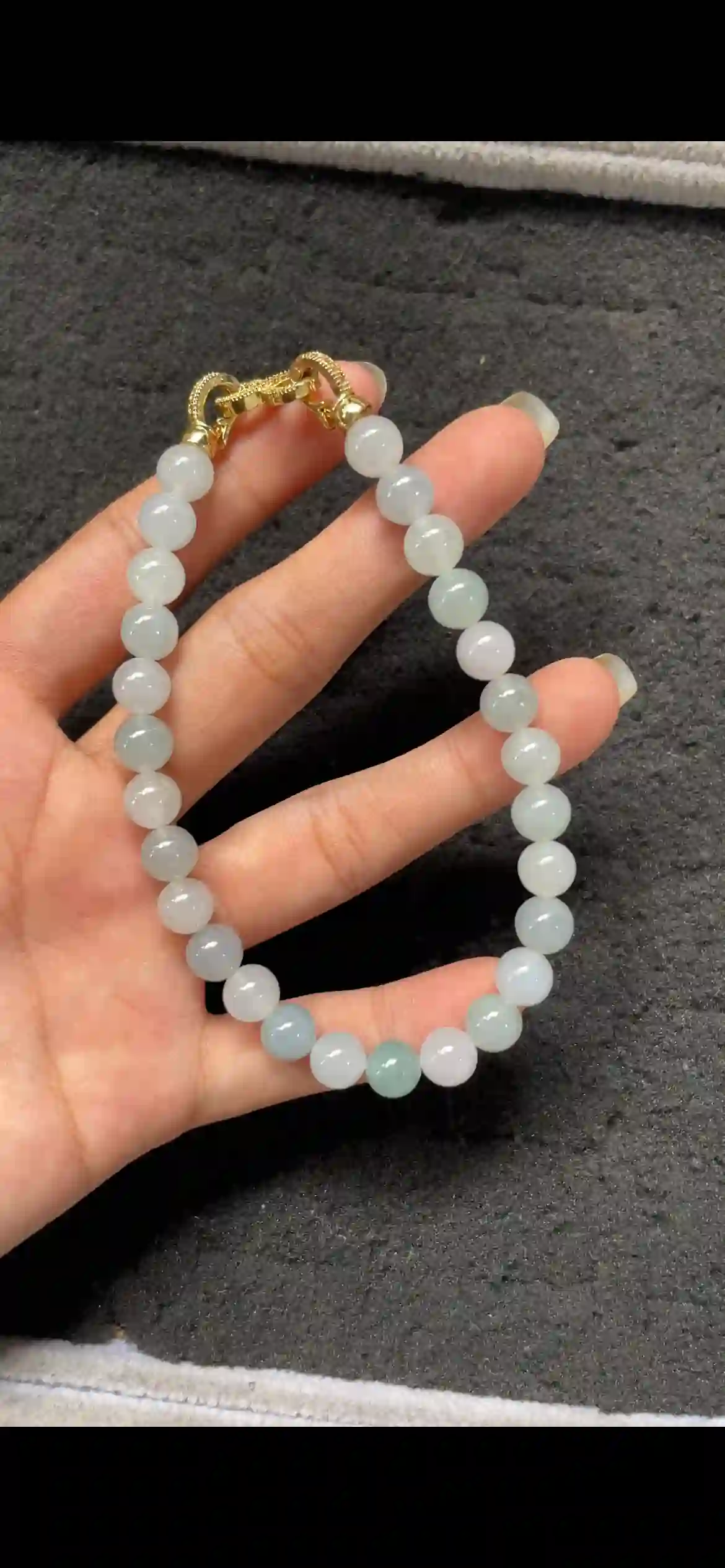 Icy Pale Celadon Jadeite Single‑Strand Bracelet with Gold Clasp | Myanmar Jadeite reference #9480001