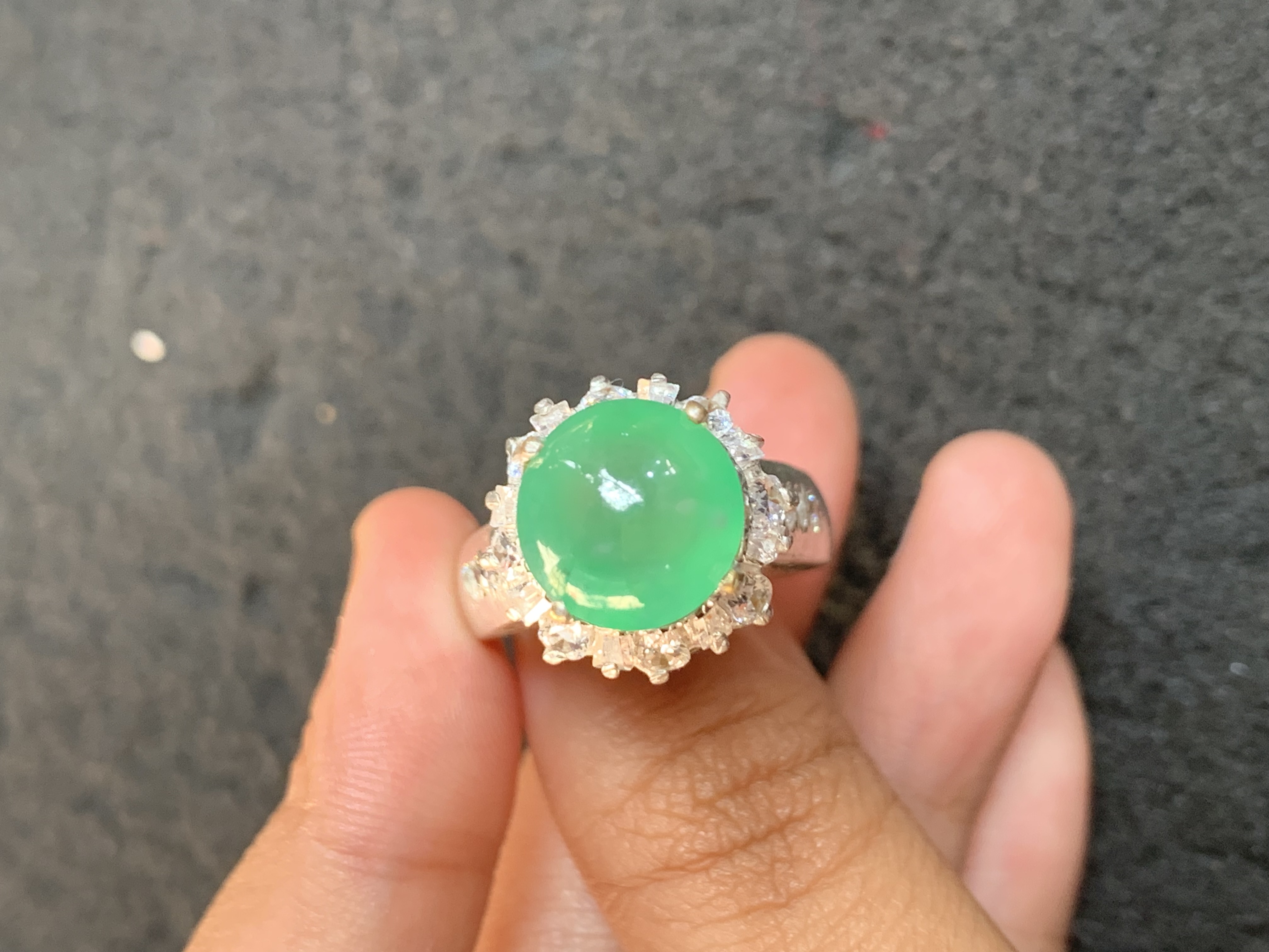 Vibrant Green Jadeite Cabochon Ring with Clear Stone Halo - Burmese Jadeite from Myanmar