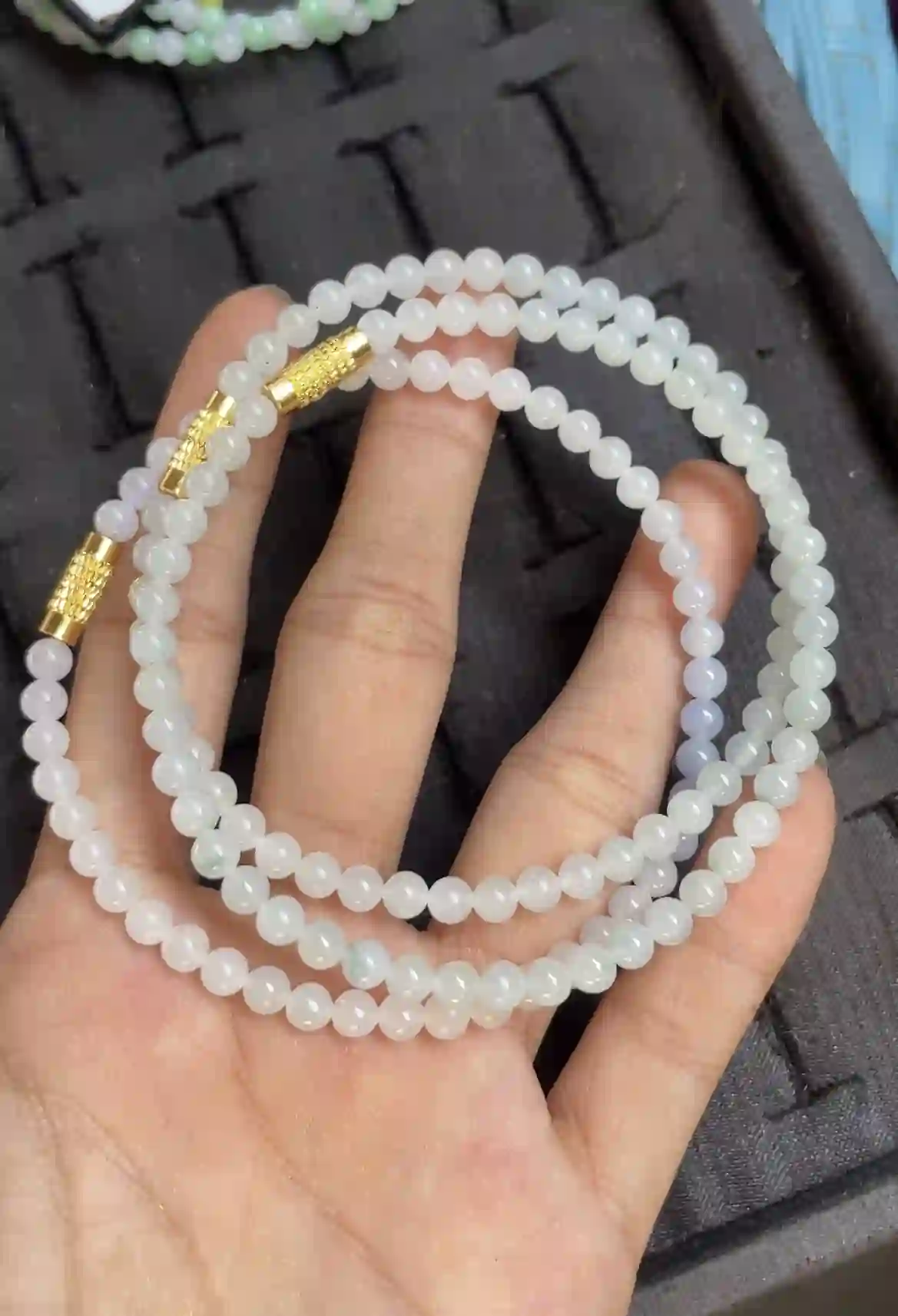   Natural Icy White Jade Bead Necklace with Gold Accents | Myanmar Jadeite reference #2520005