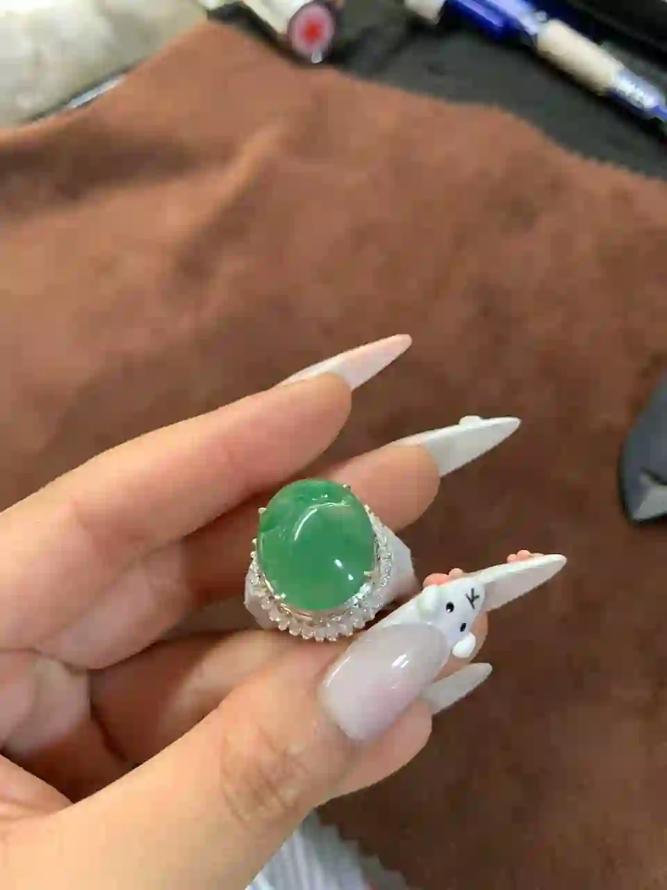  Large Green Gemstone Cocktail Ring with Clear Stone Halo, view 2 | Myanmar Jadeite reference #750002