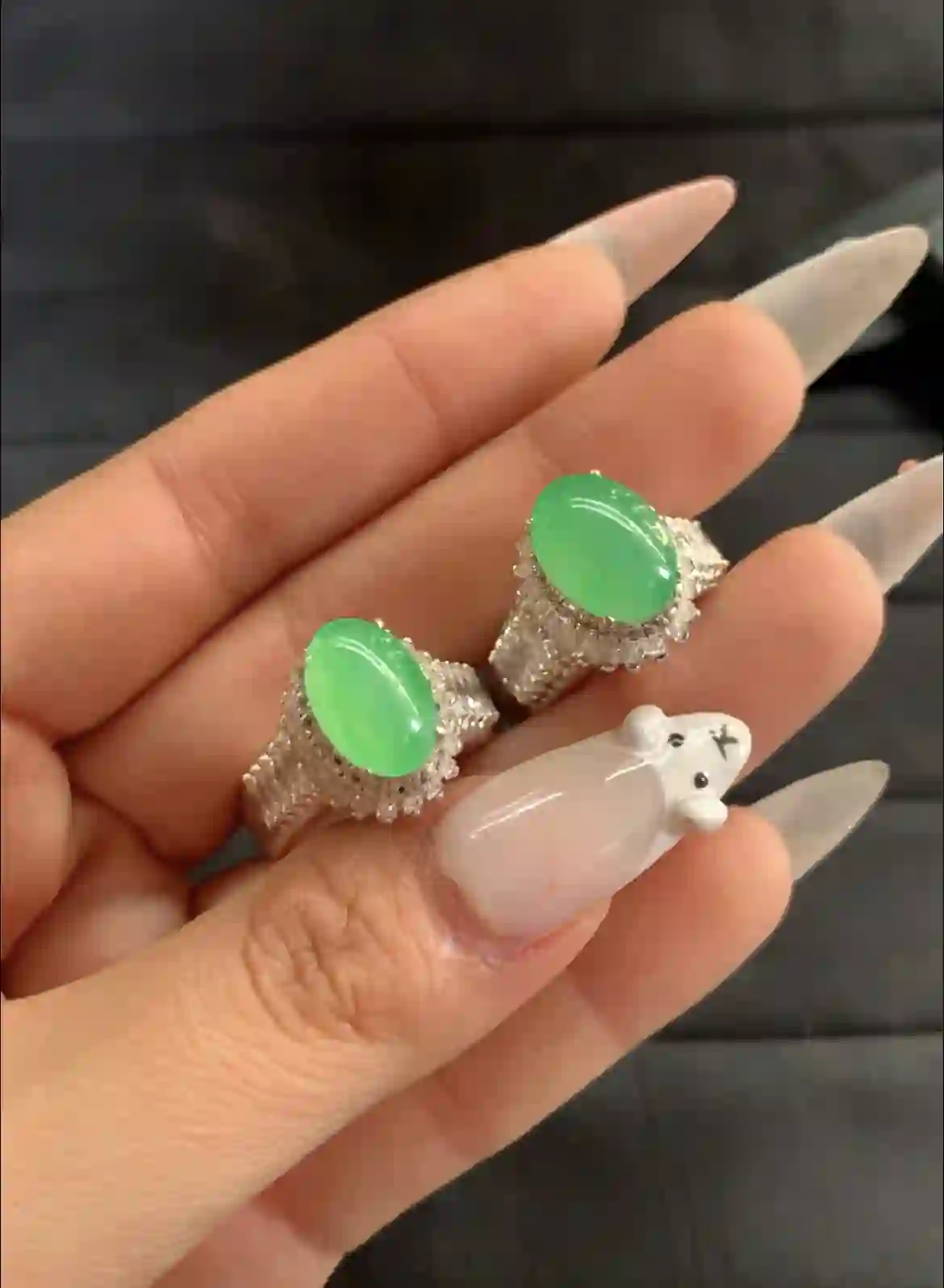 Pair of Vivid Green Gemstone Rings with Crystal-Embellished Bands, view 2 | Myanmar Jadeite reference #1200002