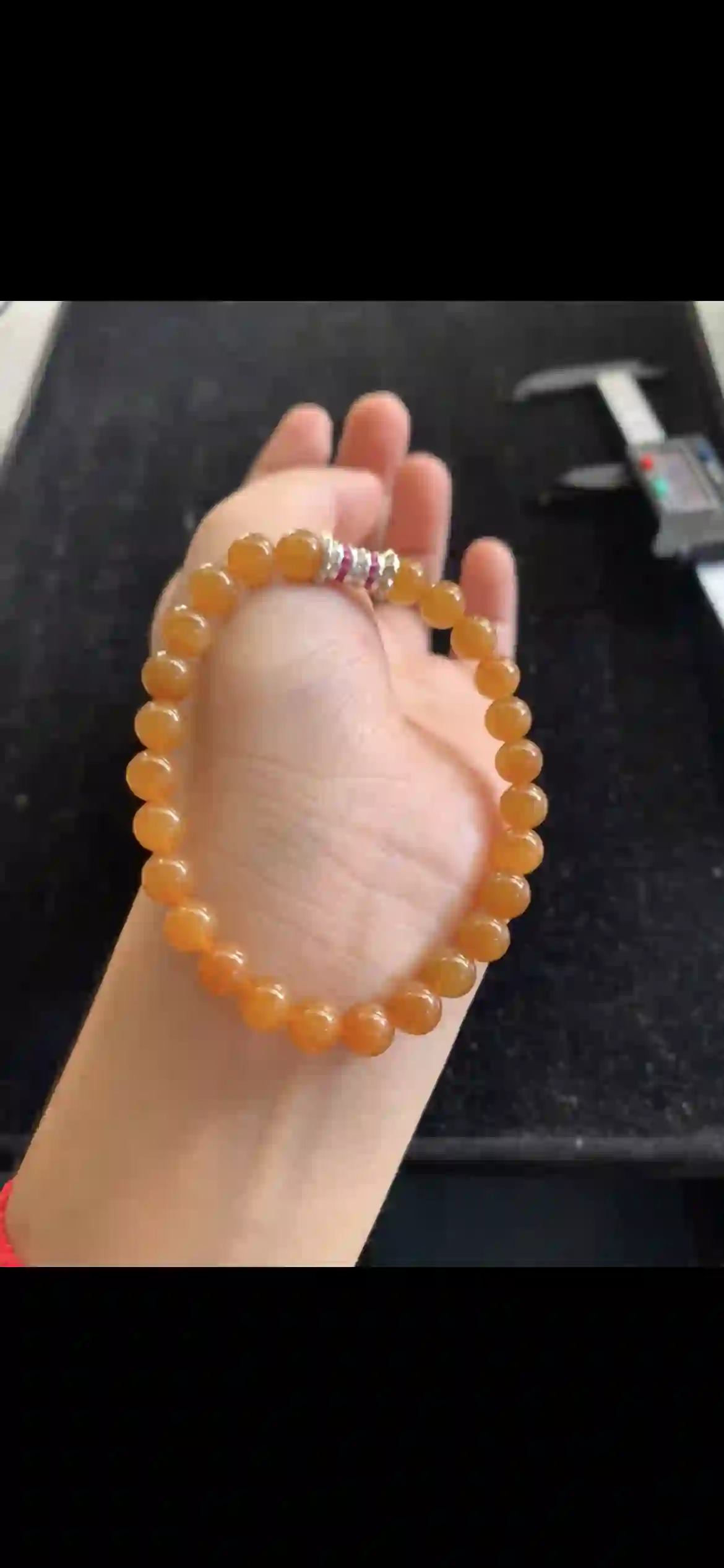 Warm Honey Orange Jade Bead Bracelet with Gemstone Accent Spacer, view 2 | Myanmar Jadeite reference #19260001