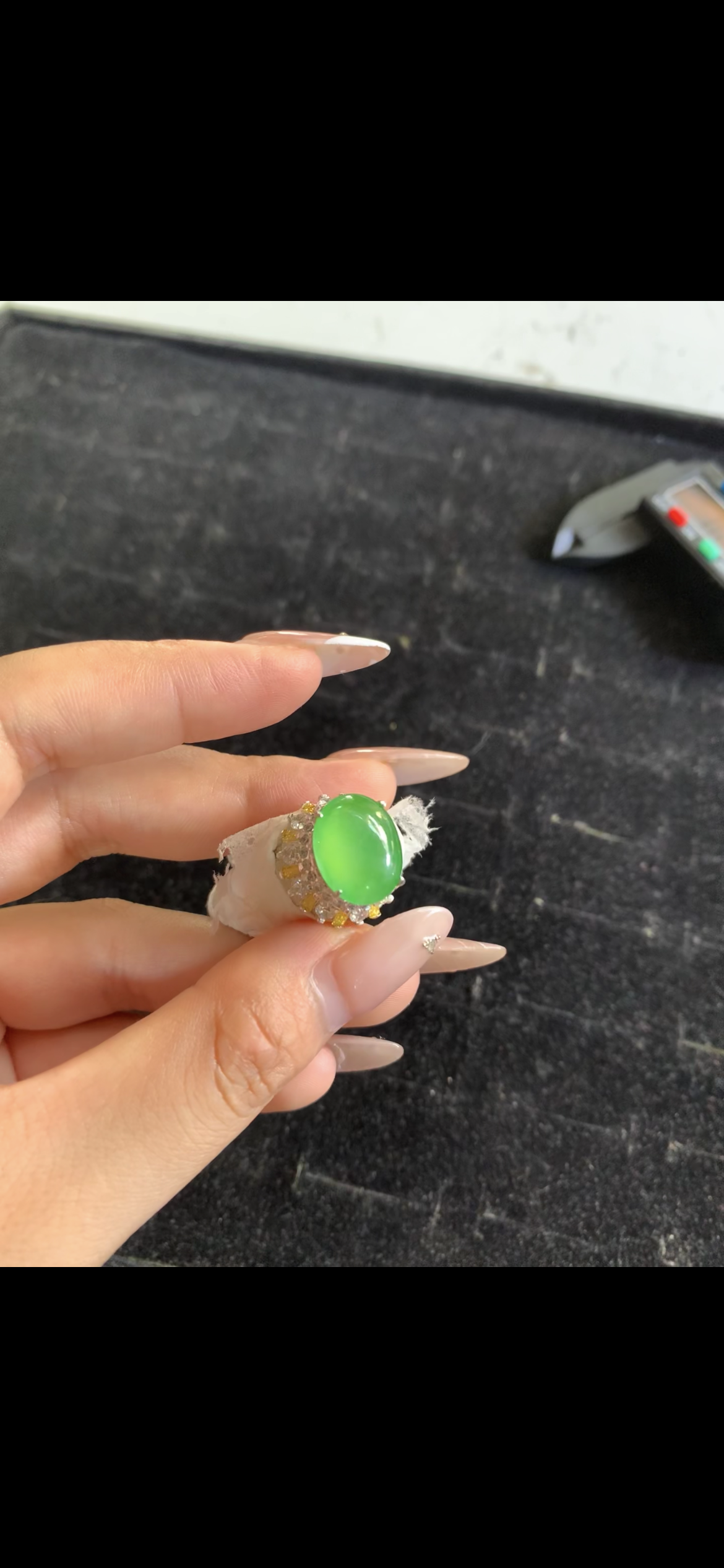Vivid Green Cabochon Jade Ring with Diamond & Yellow Sapphire Halo