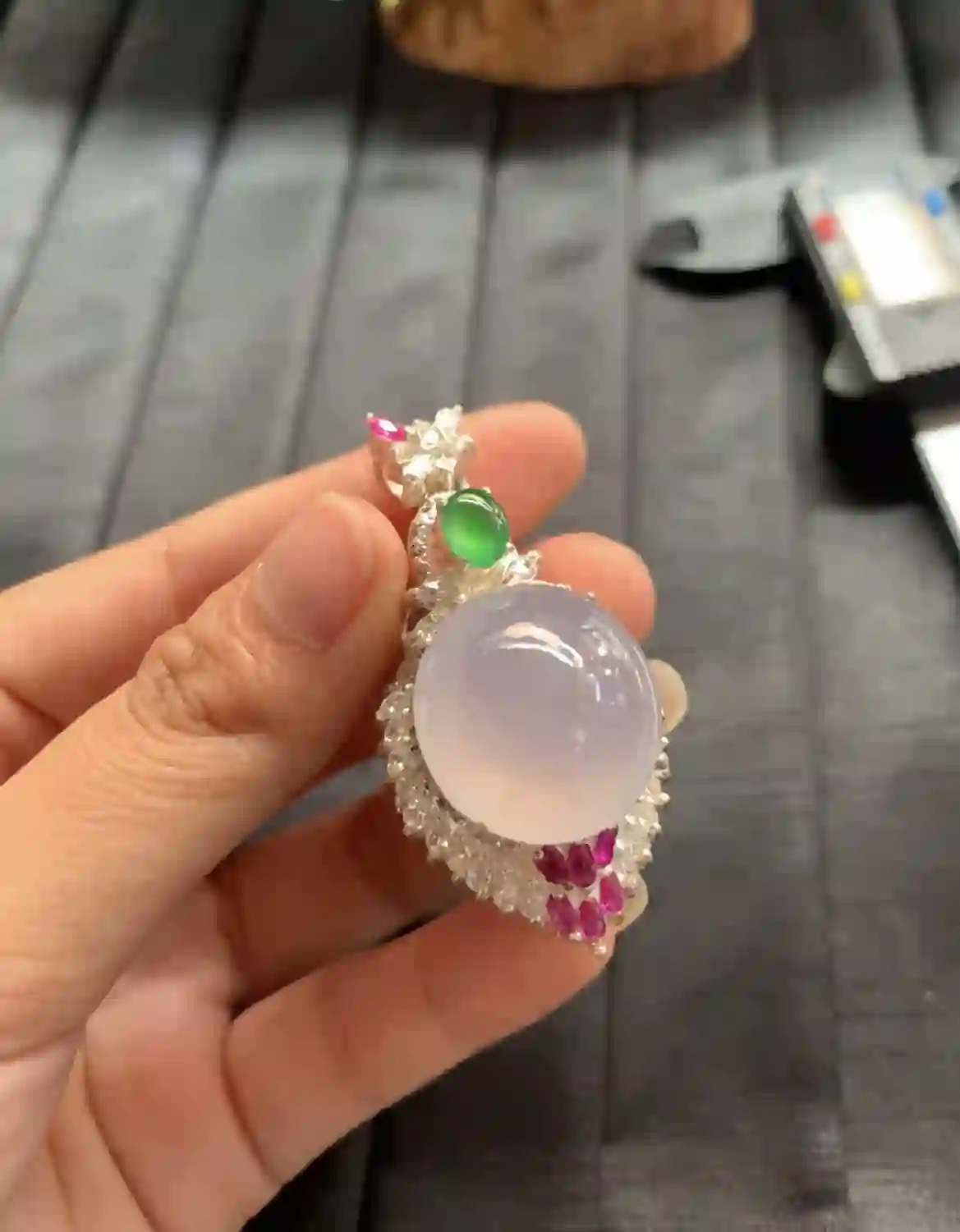   Natural Icy Lavender Jadeite Pendant with Gemstone Accents, view 2 | Myanmar Jadeite reference #2400008