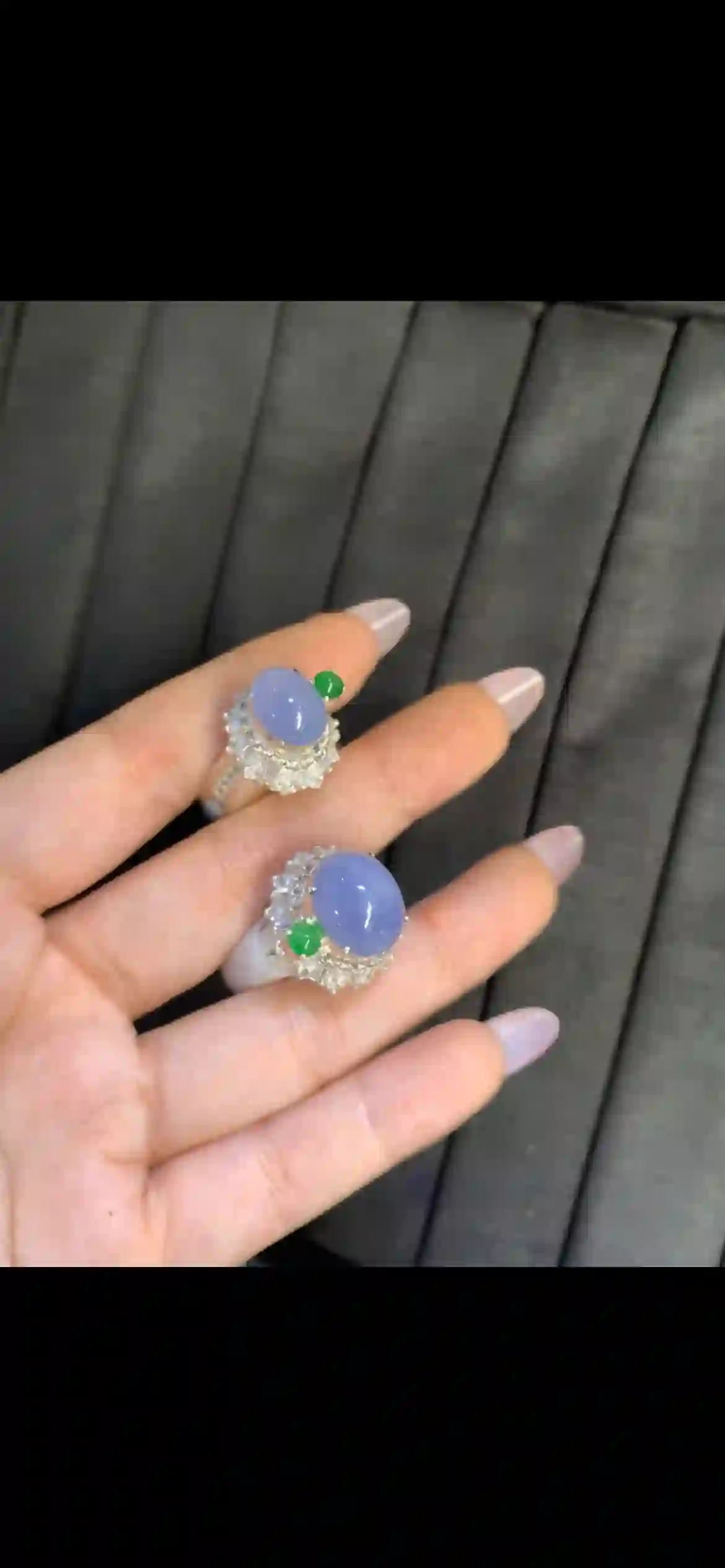 Icy Lavender Jadeite Silver Inlaid Halo Ring Pair | Myanmar Jadeite reference #8310007