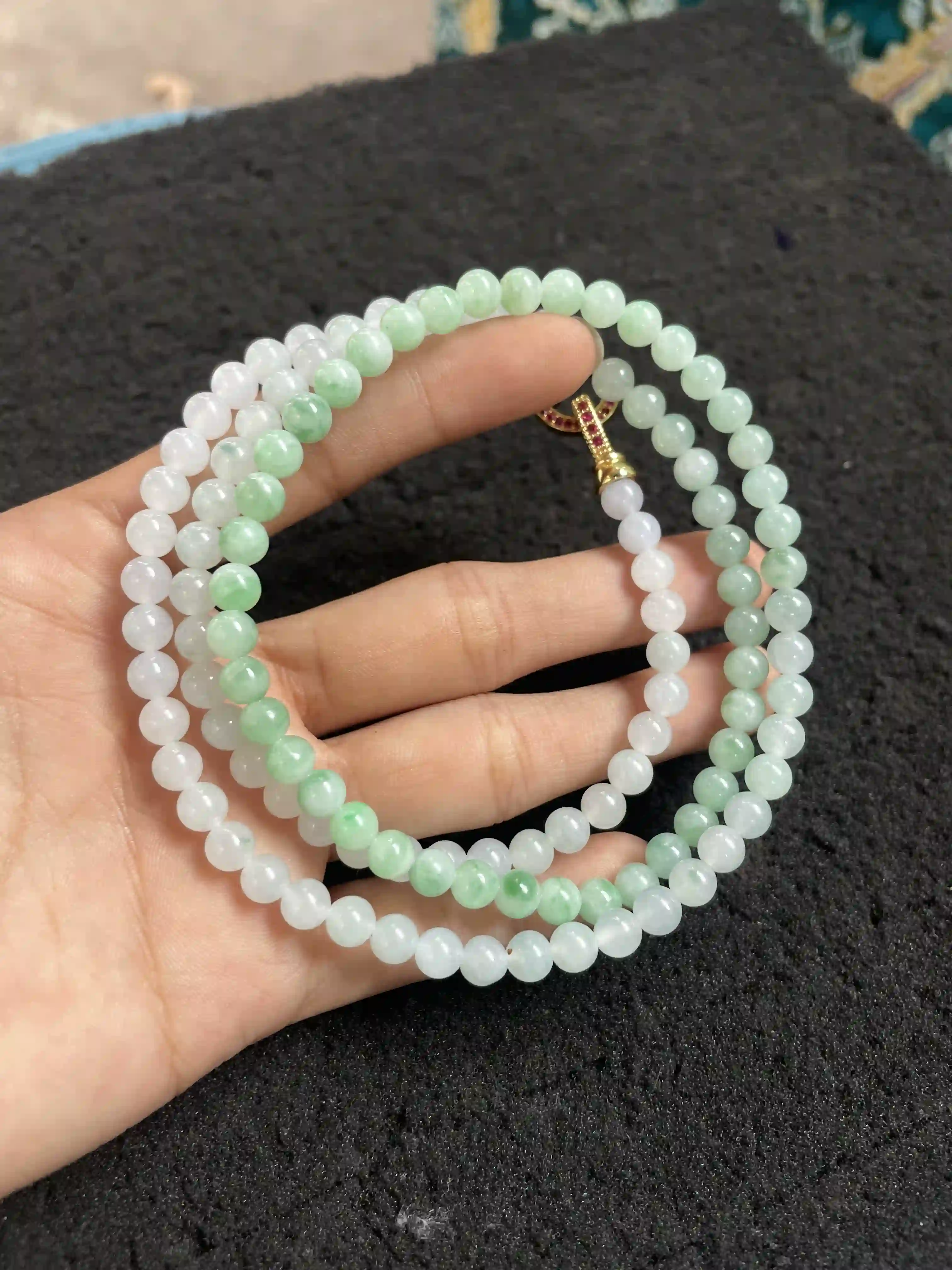  Green and White Jade Beaded Multi-strand Necklace/Bracelet with Embellished Title:, view 2 | Myanmar Jadeite reference #510003