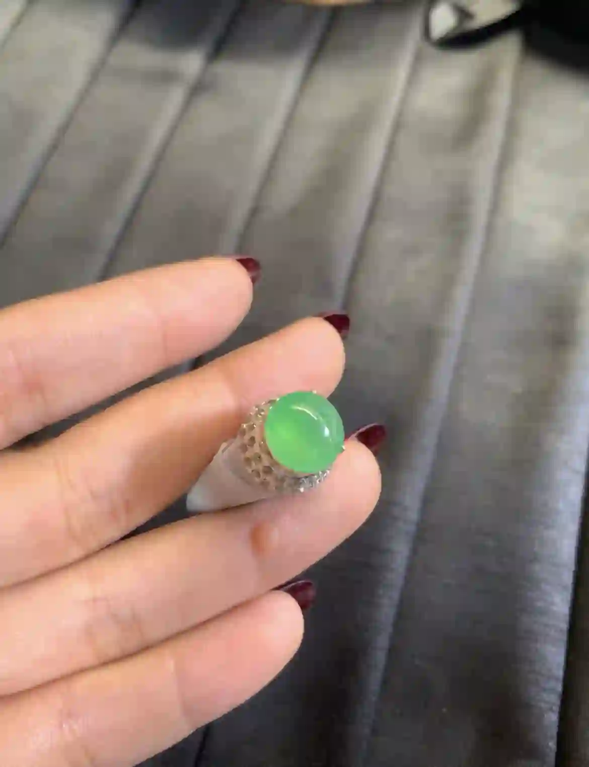 Vivid Apple Green Jade Cabochon Statement Ring, view 2 | Myanmar Jadeite reference #2820005