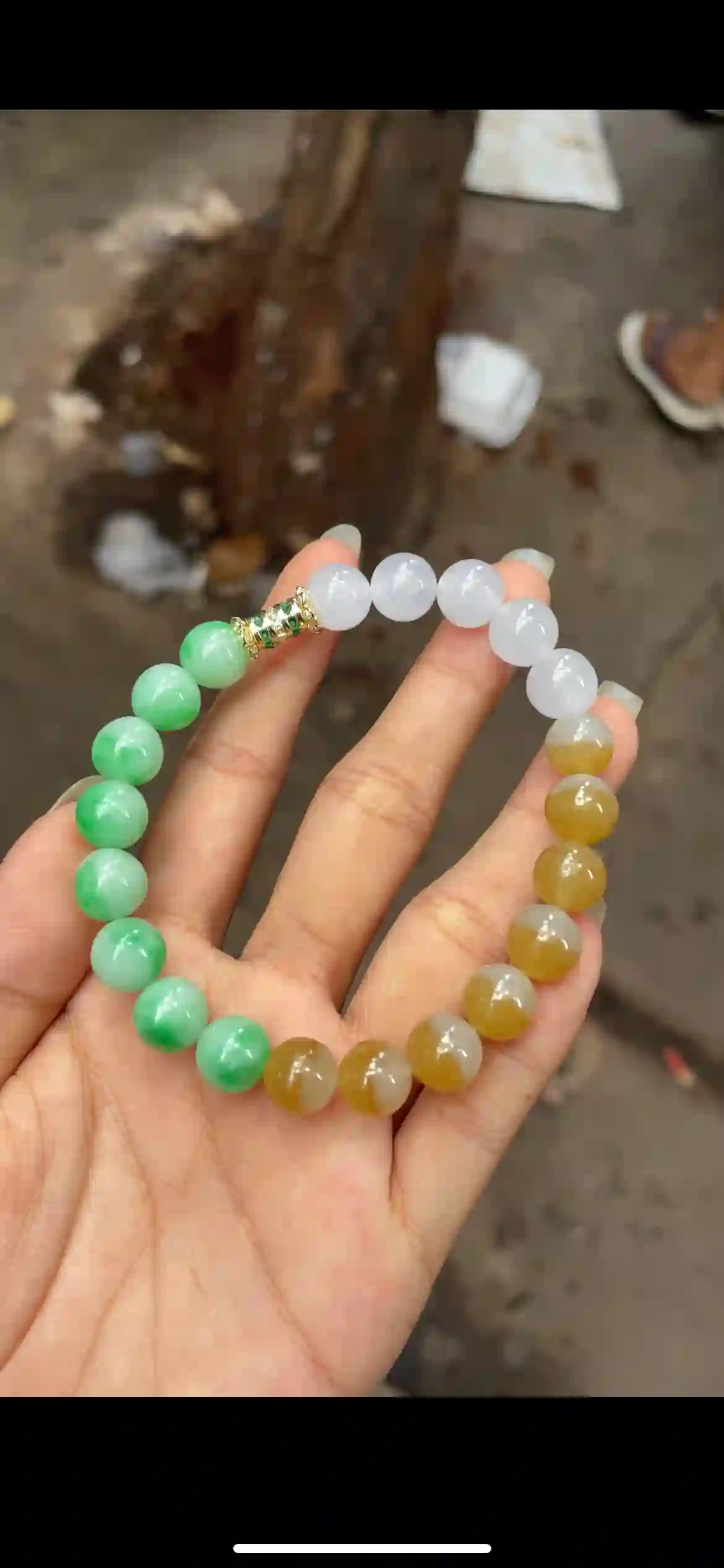Three-Tone Natural Jadeite Bead Bracelet with Decorative Spacer, view 2 | Myanmar Jadeite reference #14880001