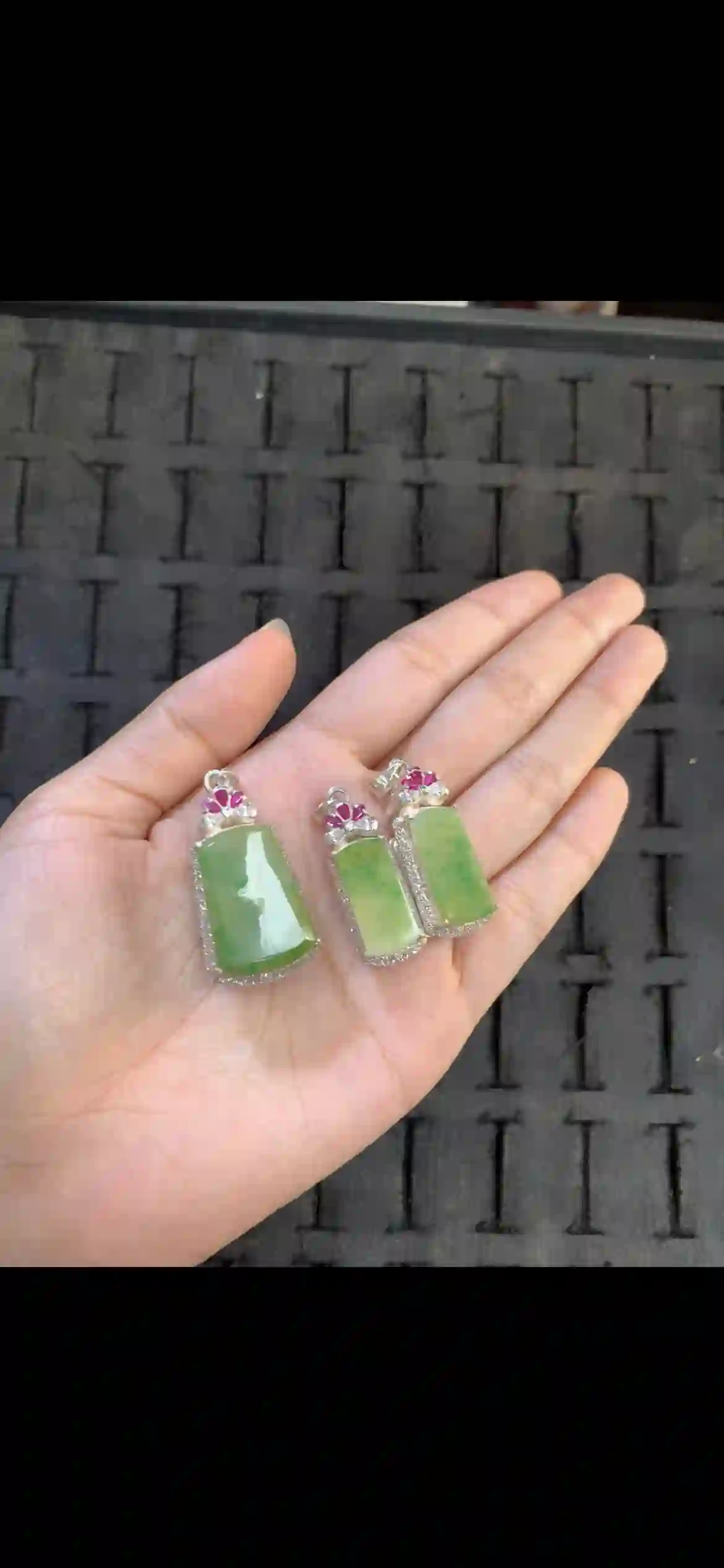 Icy Green Jade Rectangle Pendants with Gem Accents | Myanmar Jadeite reference #14550001