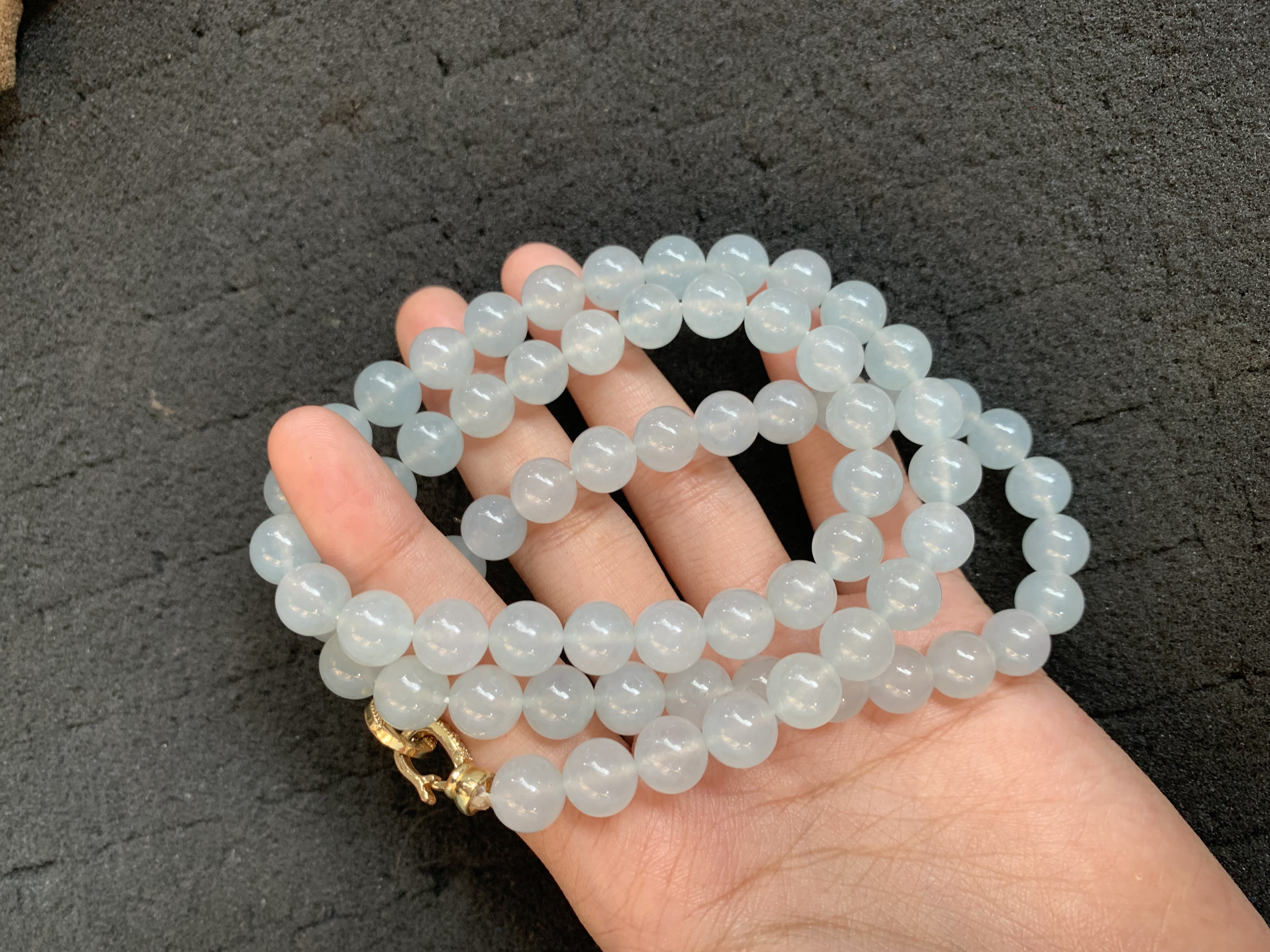  Light Blue-Gray Translucent Multi-strand Beaded Bracelet with Gold Accent - Burmese Jadeite from Myanmar