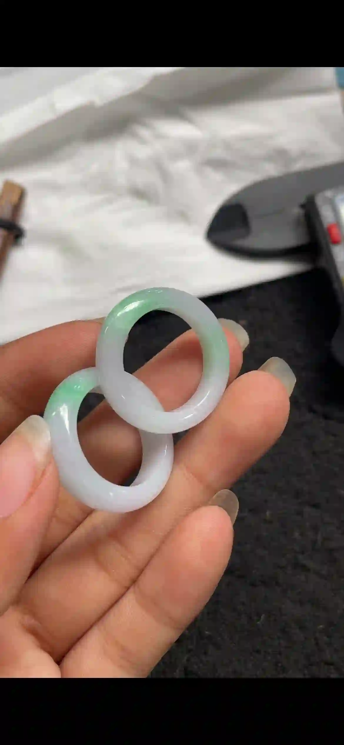  Pair of Natural Green & White Jade Ring Bands, Translucent Jadeite Bangles, view 2 | Myanmar Jadeite reference #4890001