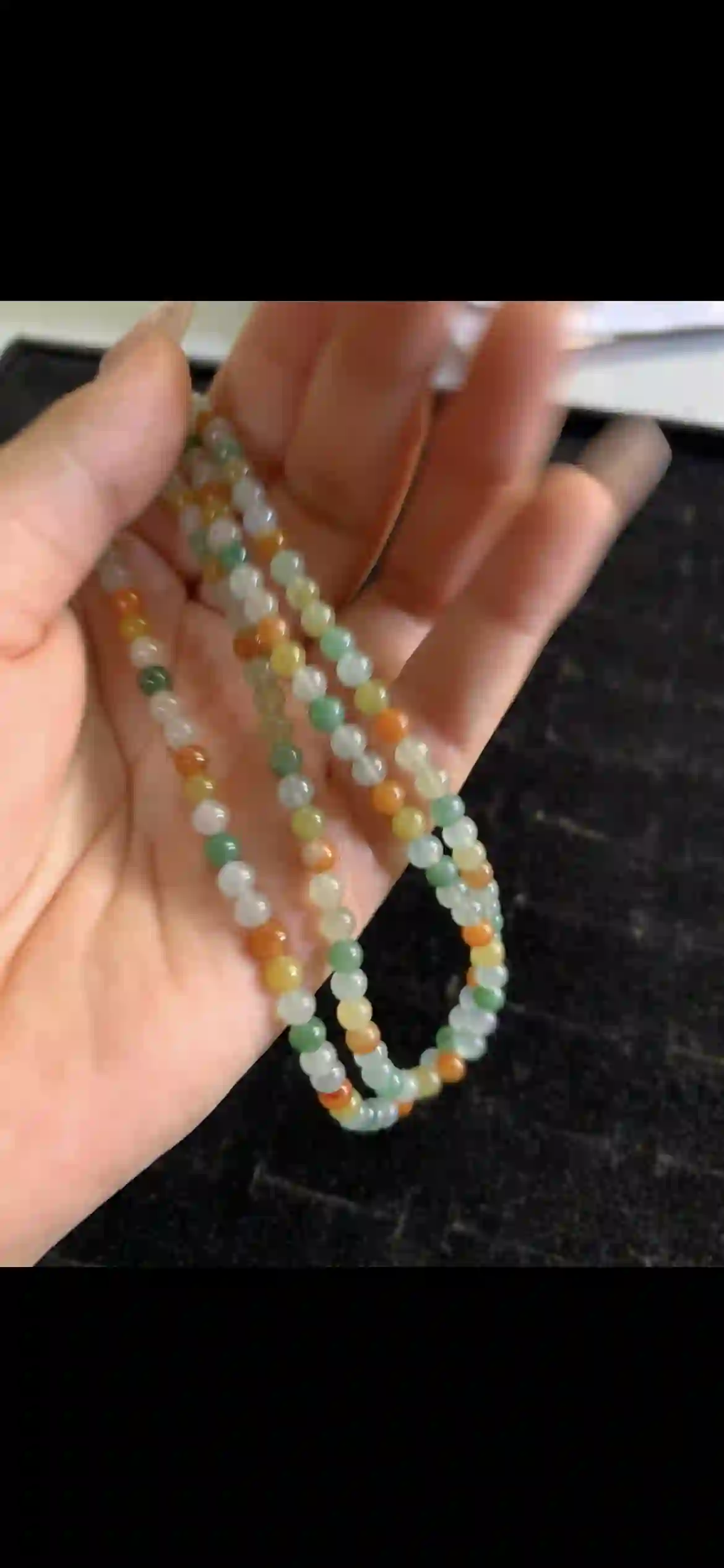 Tri-Color Natural Jade Beaded Necklace — White, Green & Golden Orange Gradient, view 2 | Myanmar Jadeite reference #27240001