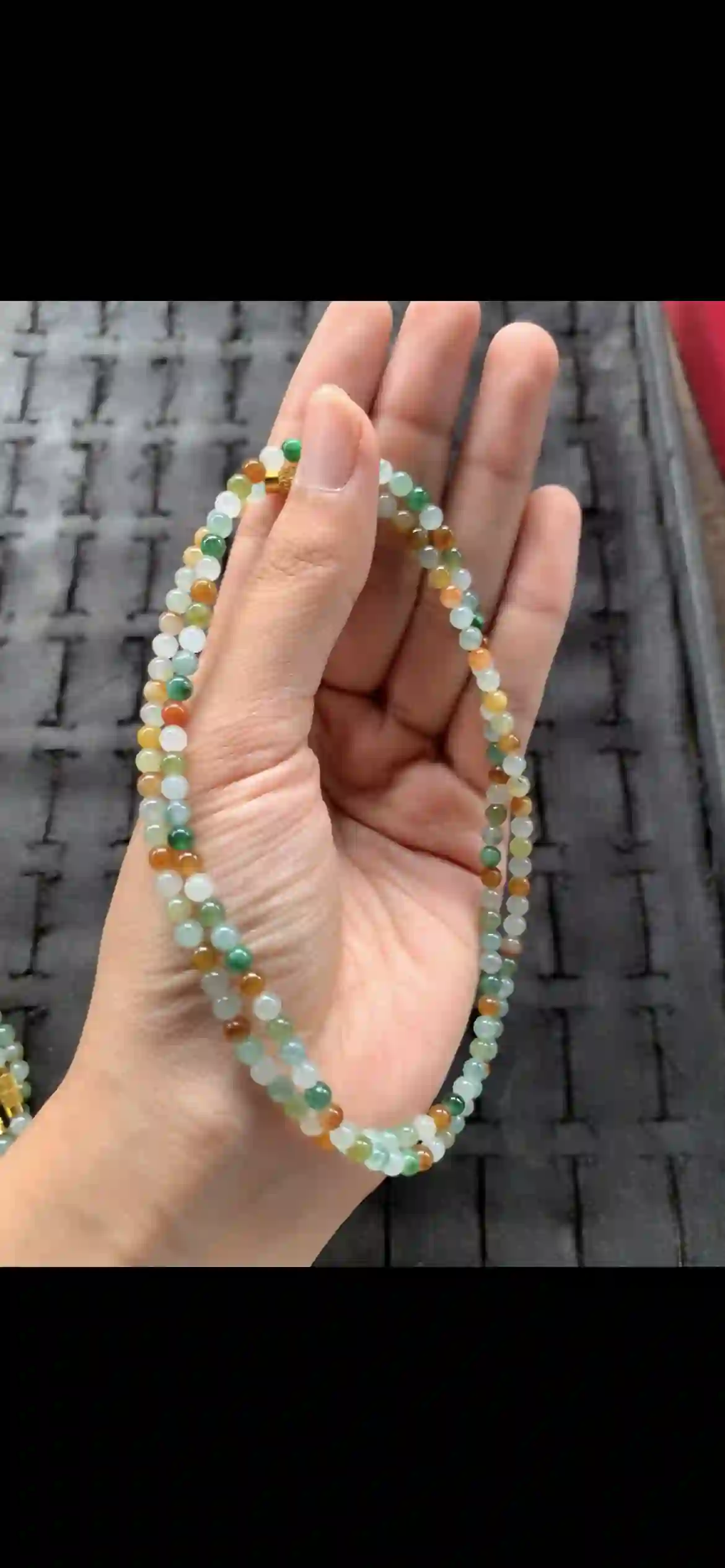 Vibrant Multicolor Gradient Jade Bead Necklace — Green, Orange & Icy White, view 2 | Myanmar Jadeite reference #21090001