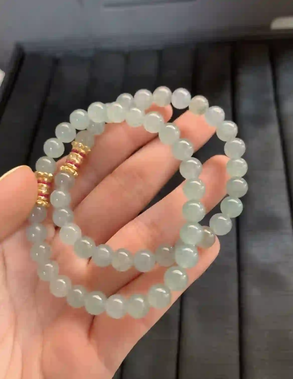   Natural Icy Green Jade Bead Bracelet with Gold and Ruby Accents | Myanmar Jadeite reference #2550004