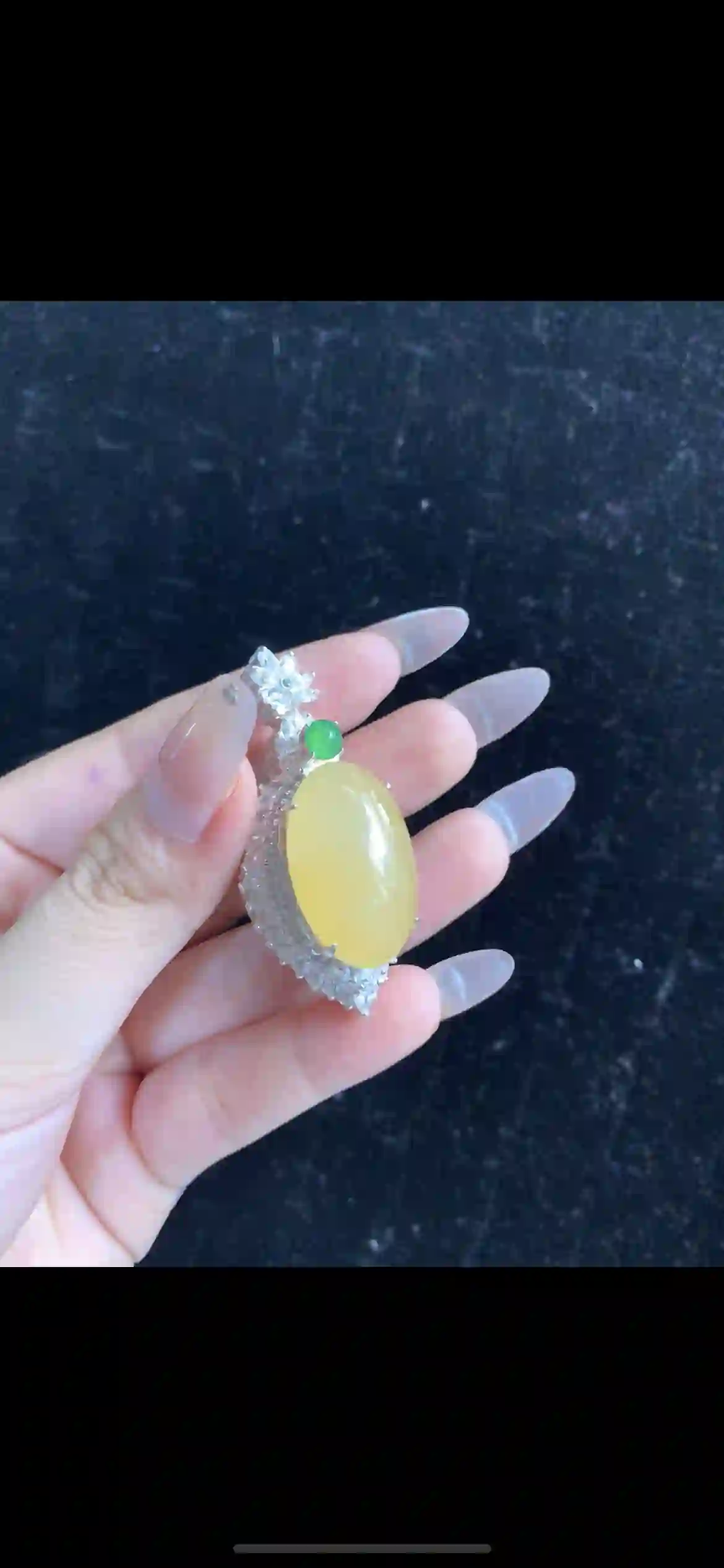 Luxurious Golden-Yellow Jade Pendant with Emerald Accent & Diamond Halo, view 2 | Myanmar Jadeite reference #32400001