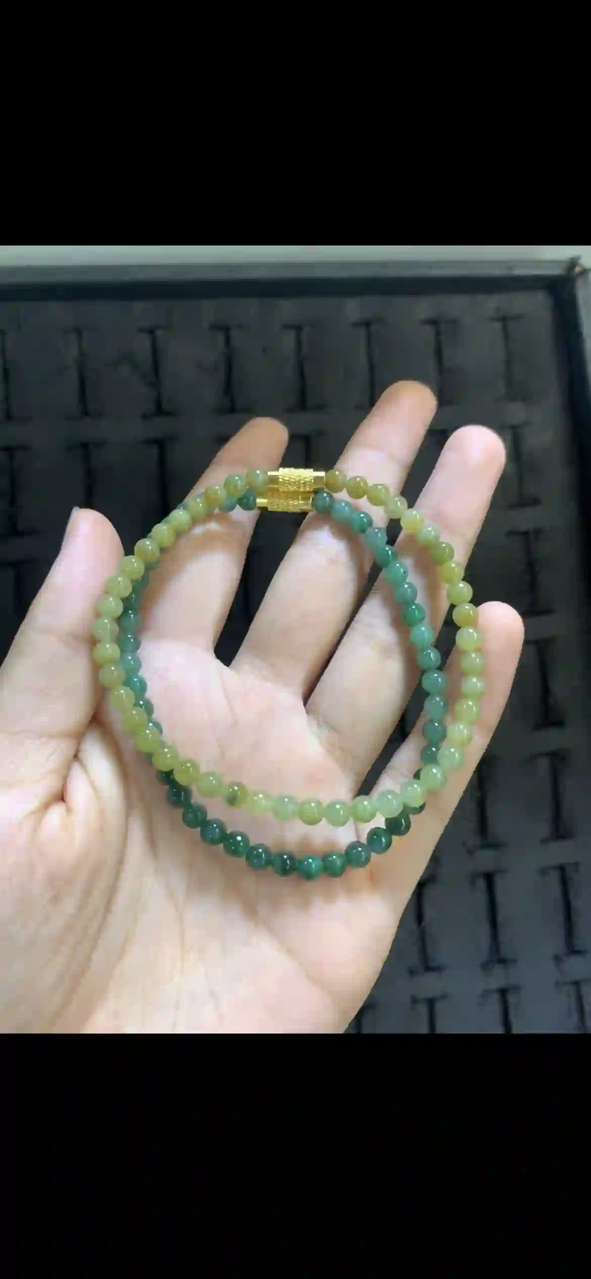 Gradient Multi-Tone Green & Yellow Jade Bead Bracelet with Gold Clasp, view 2 | Myanmar Jadeite reference #19860001