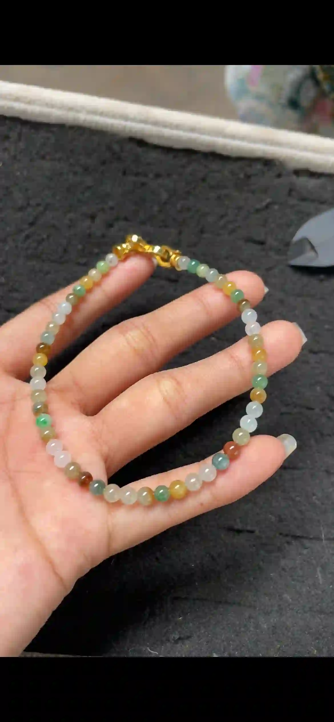 Multicolor Icy Jade Bead Bracelet – Tiny Round Gemstones in Green, Yellow, White & Red with Gold Clasp, view 2 | Myanmar Jadeite reference #5460001