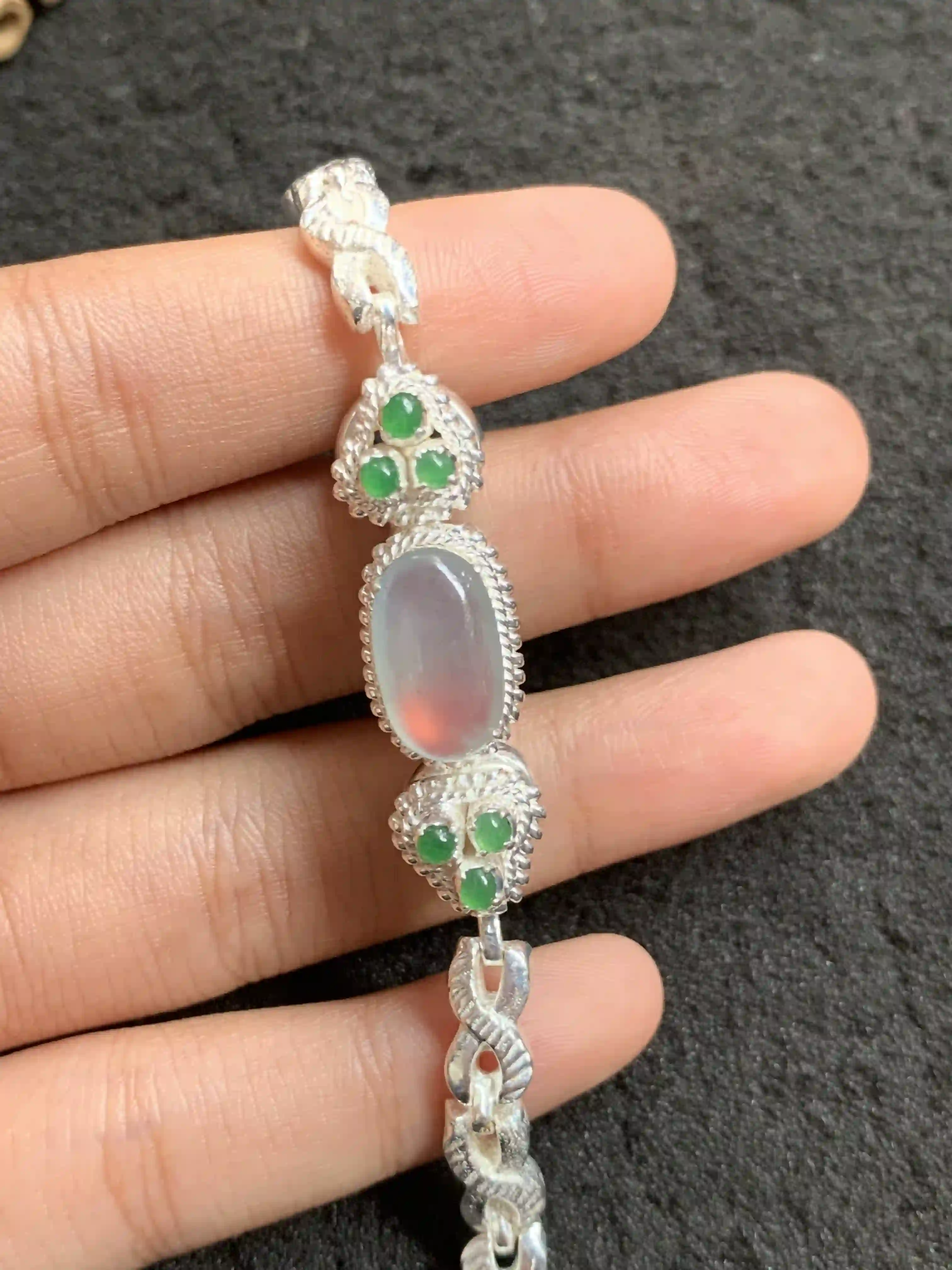 Vintage Silver Bracelet with Jade and Icy Quartz Inlay | Myanmar Jadeite reference #2220003