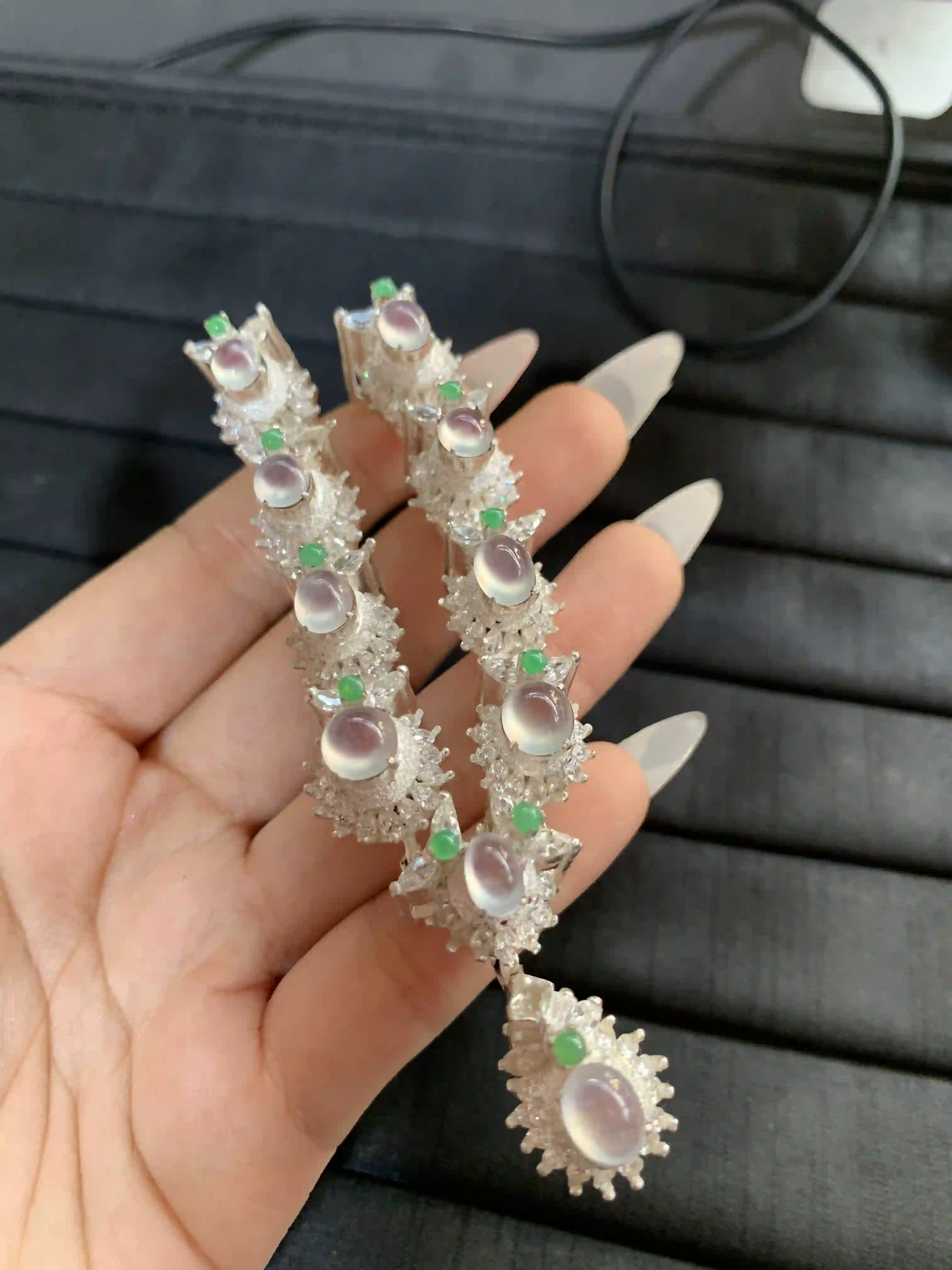Set of Silver-Toned Bracelets with Translucent & Green Gem Accents, view 2 | Myanmar Jadeite reference #1350010