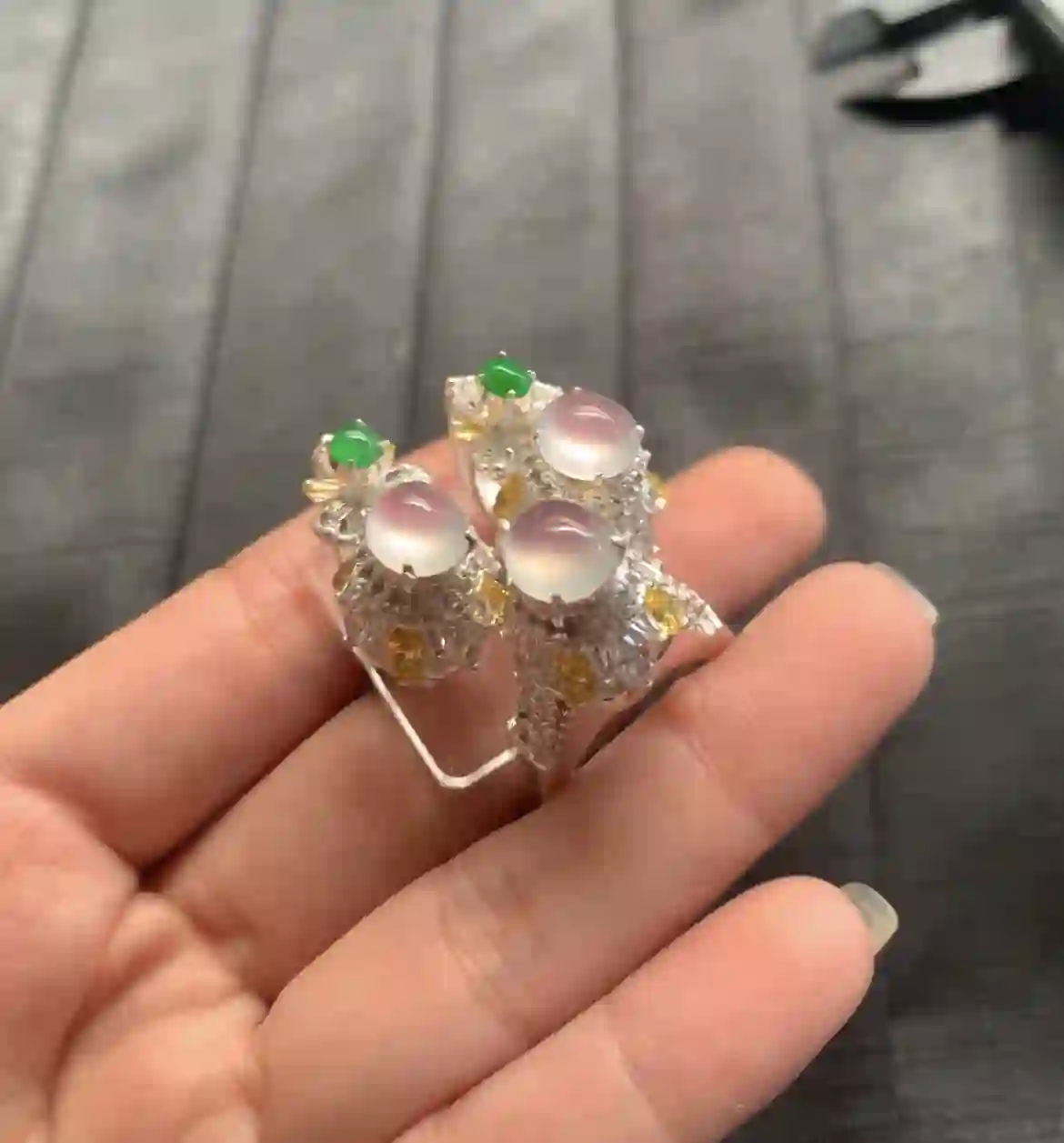  Natural Icy White Jadeite Earrings with Green & Yellow Accents, view 2 | Myanmar Jadeite reference #2400004