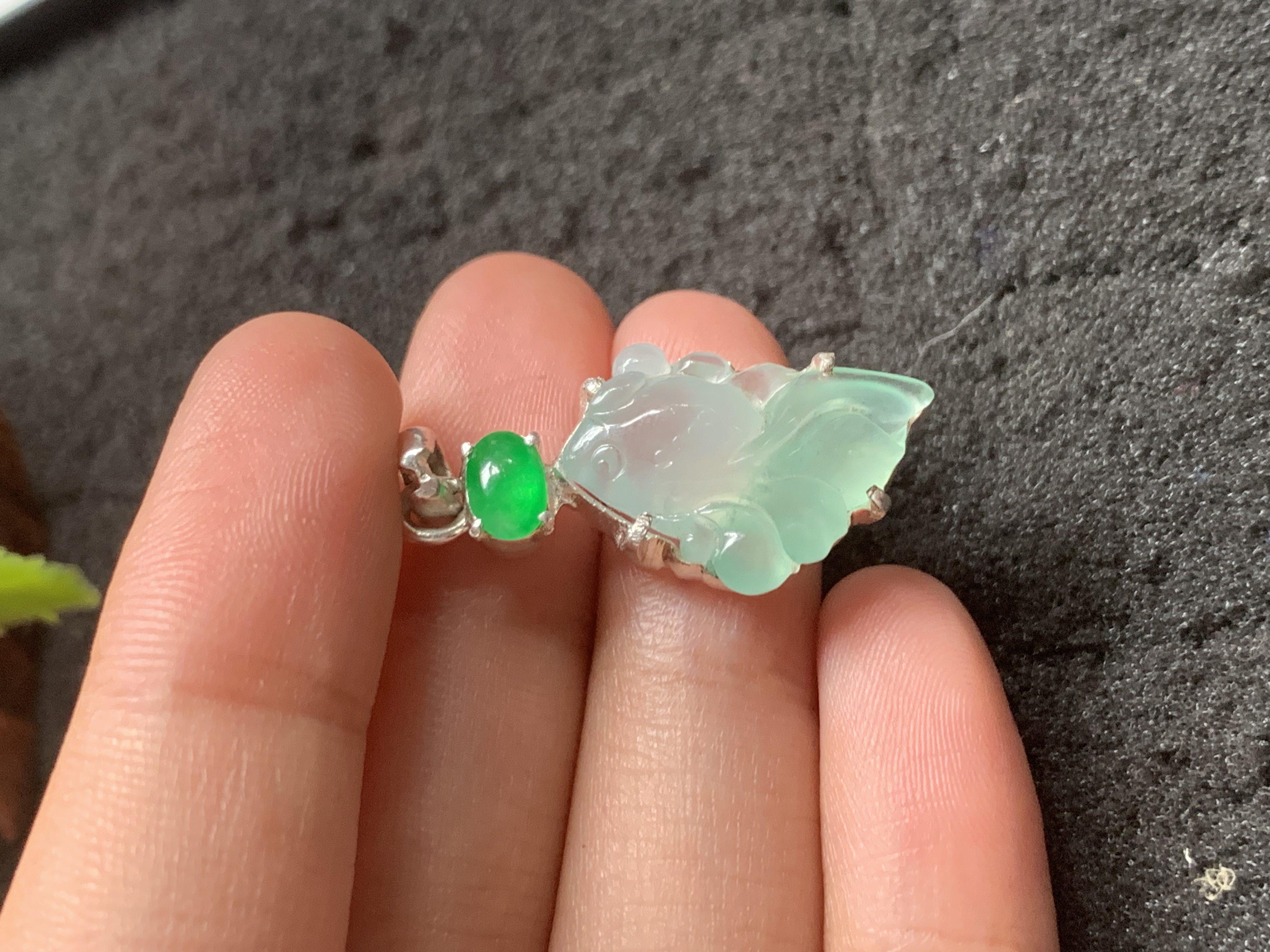 Translucent Green Jadeite Goldfish Pendant with Emerald Accent