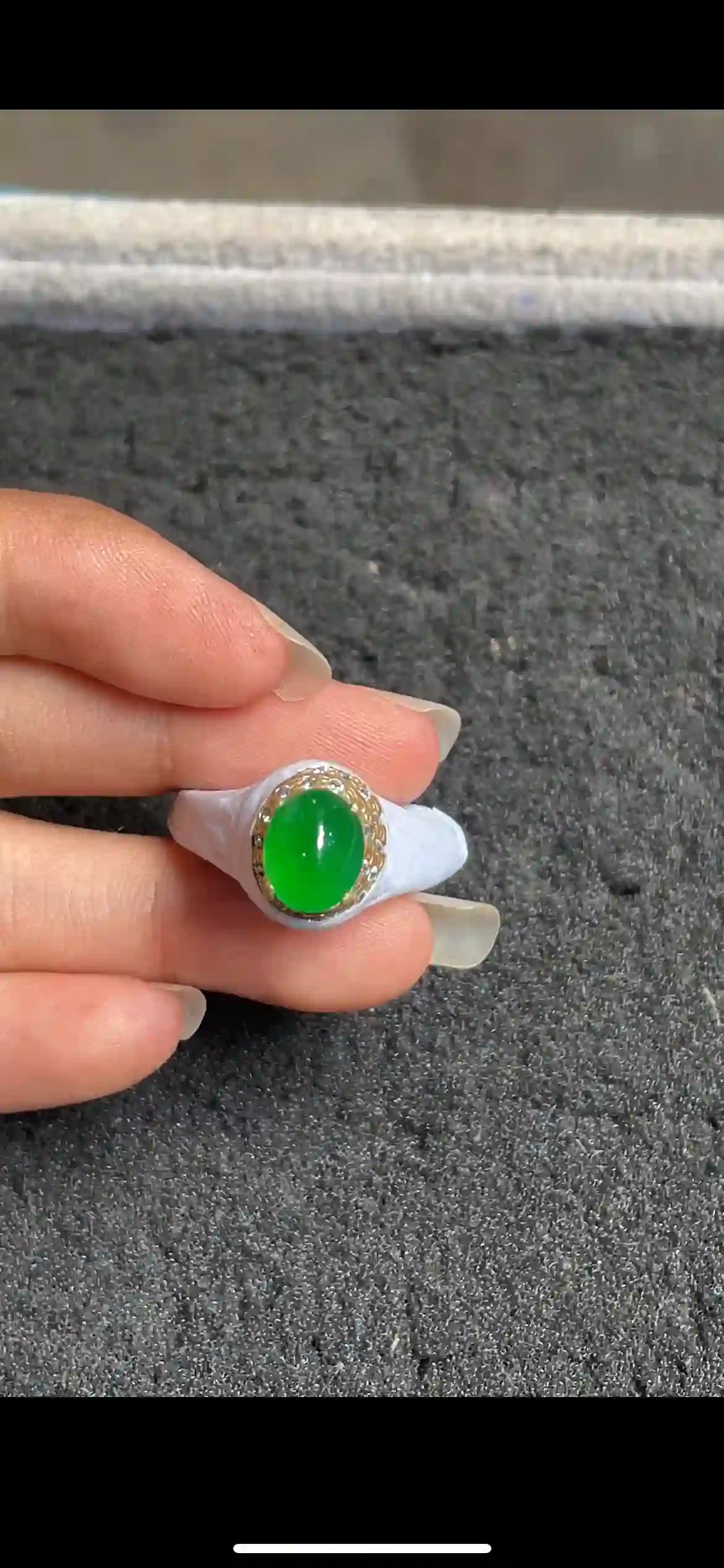 Vibrant Emerald Green Cabochon Ring with Diamond Halo Setting | Myanmar Jadeite reference #18210001