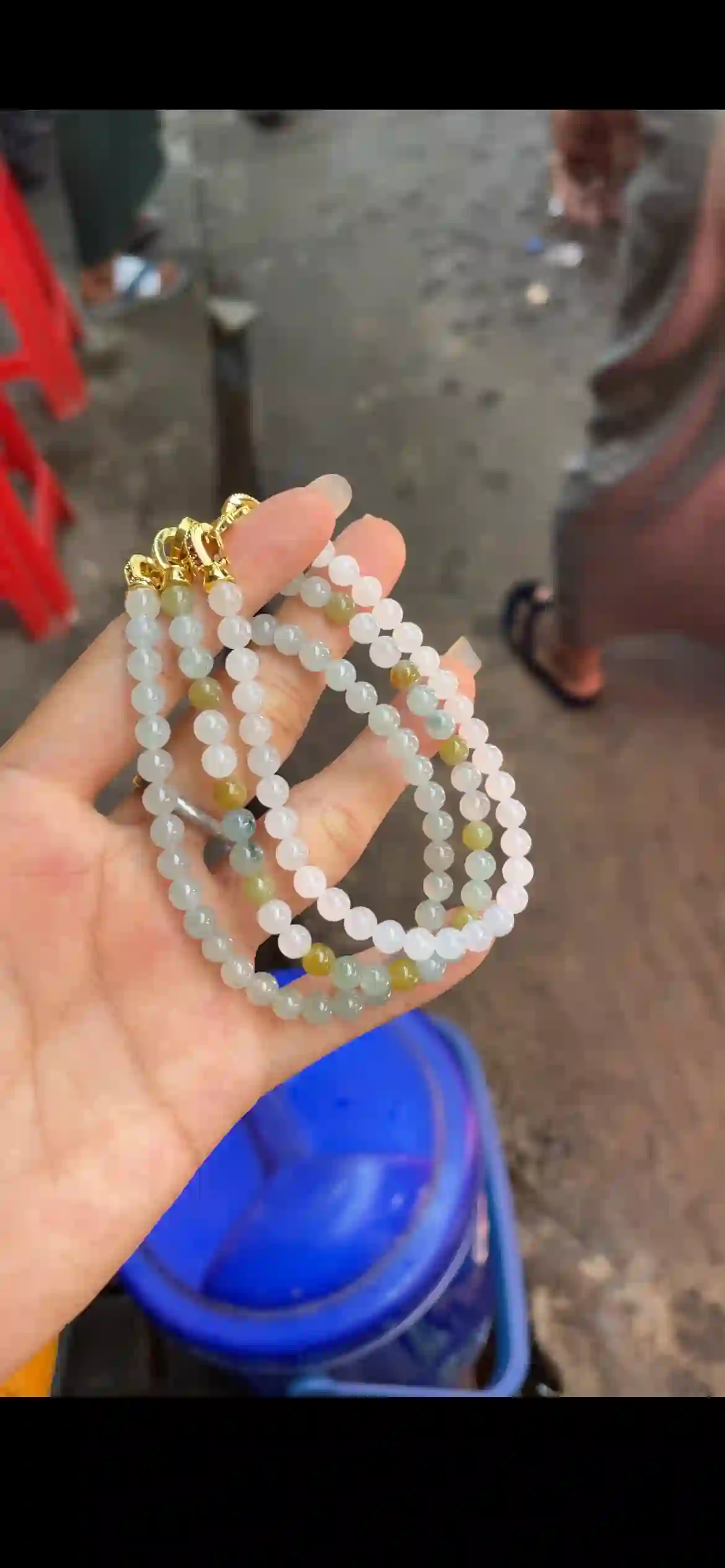 Icy White Jade Bead Strands with Honey-Yellow & Pale Green Accents — Set of 3 | Myanmar Jadeite reference #21270001