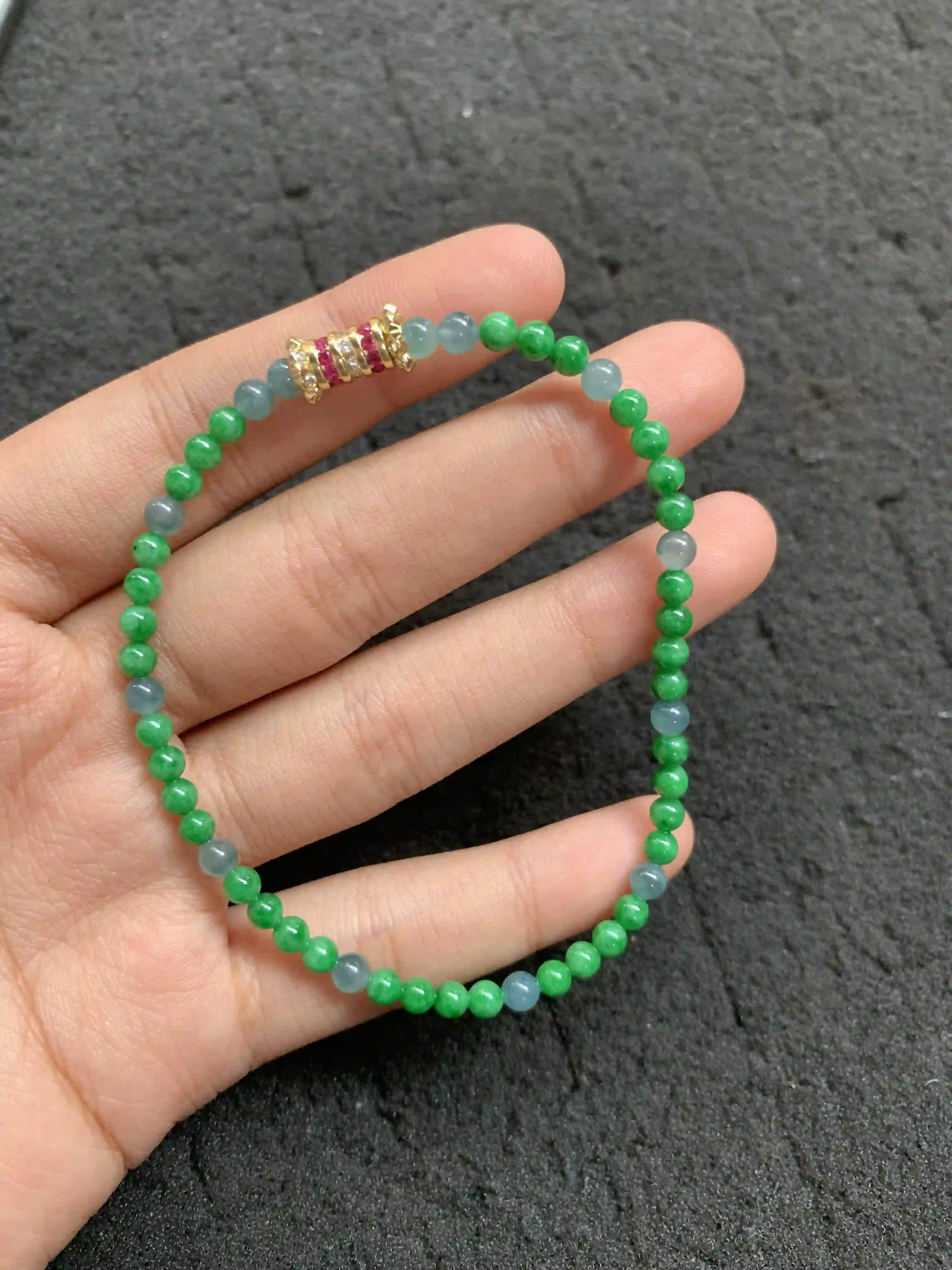  Natural Green and Blue Jade Bead Bracelet, view 2 | Myanmar Jadeite reference #1920010