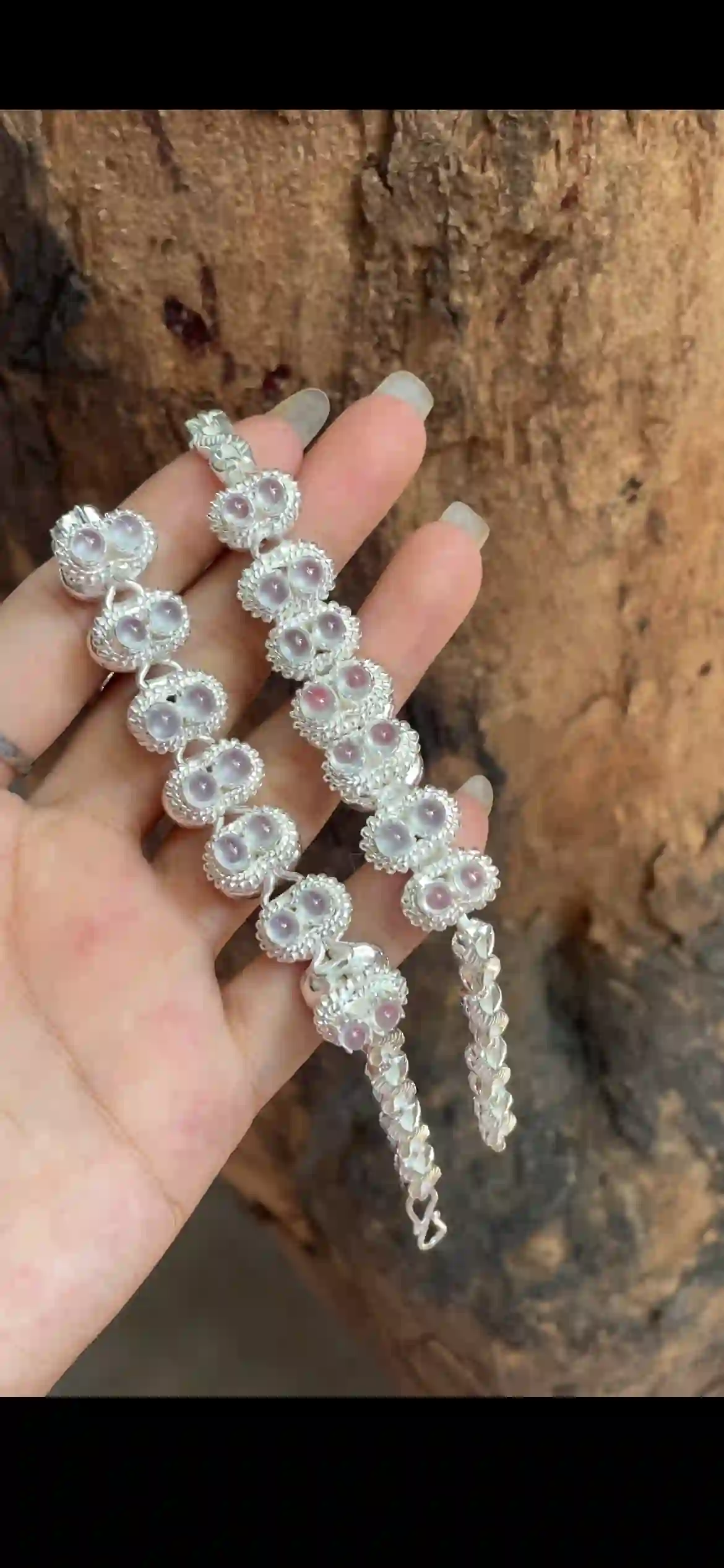 Silver-Tone Pink Opalescent Cabochon Bracelet — Intricate Vintage-Style Design, view 2 | Myanmar Jadeite reference #29460001