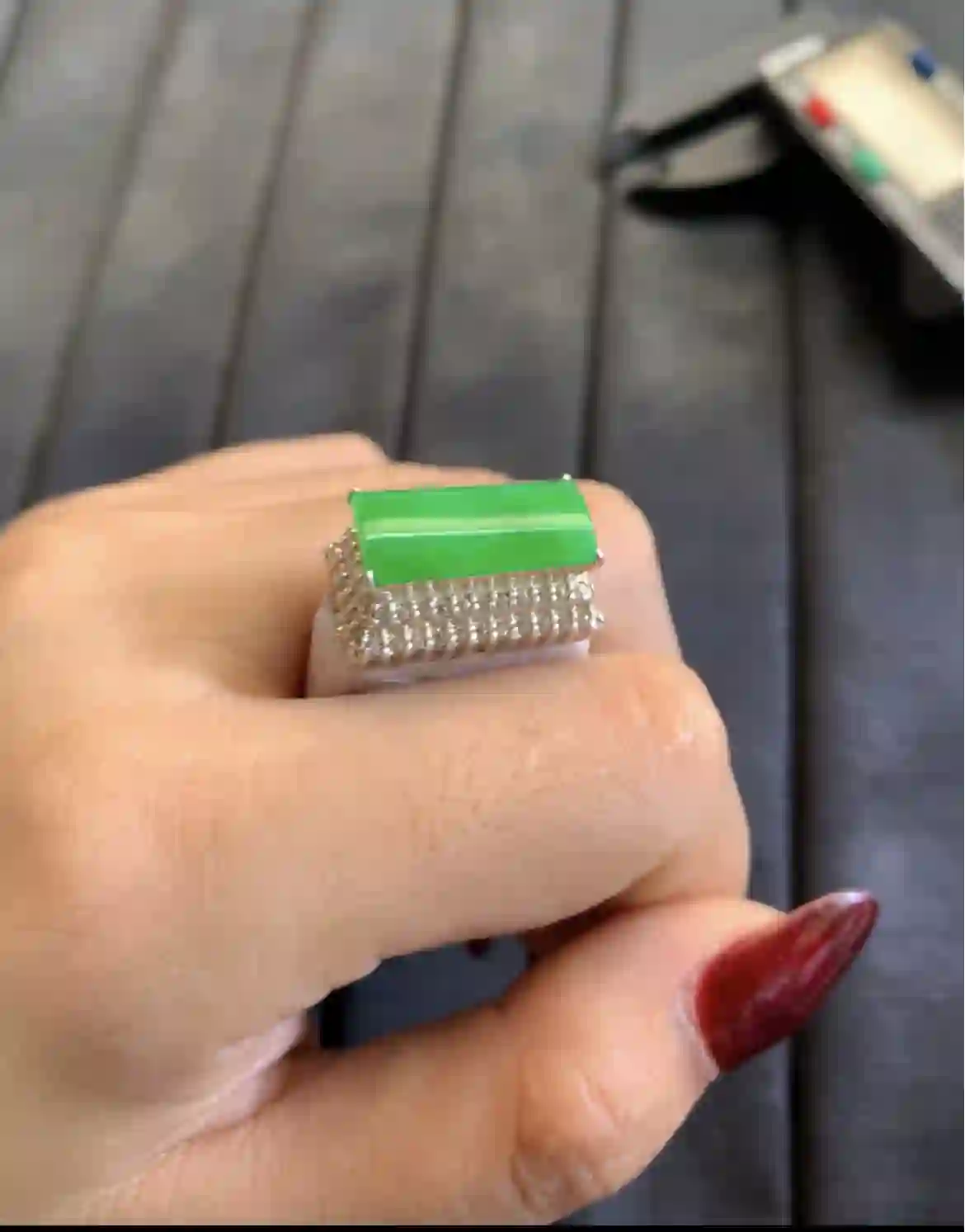  Vibrant Green Jade Rectangular Ring with Diamond Accents, view 2 | Myanmar Jadeite reference #2880001