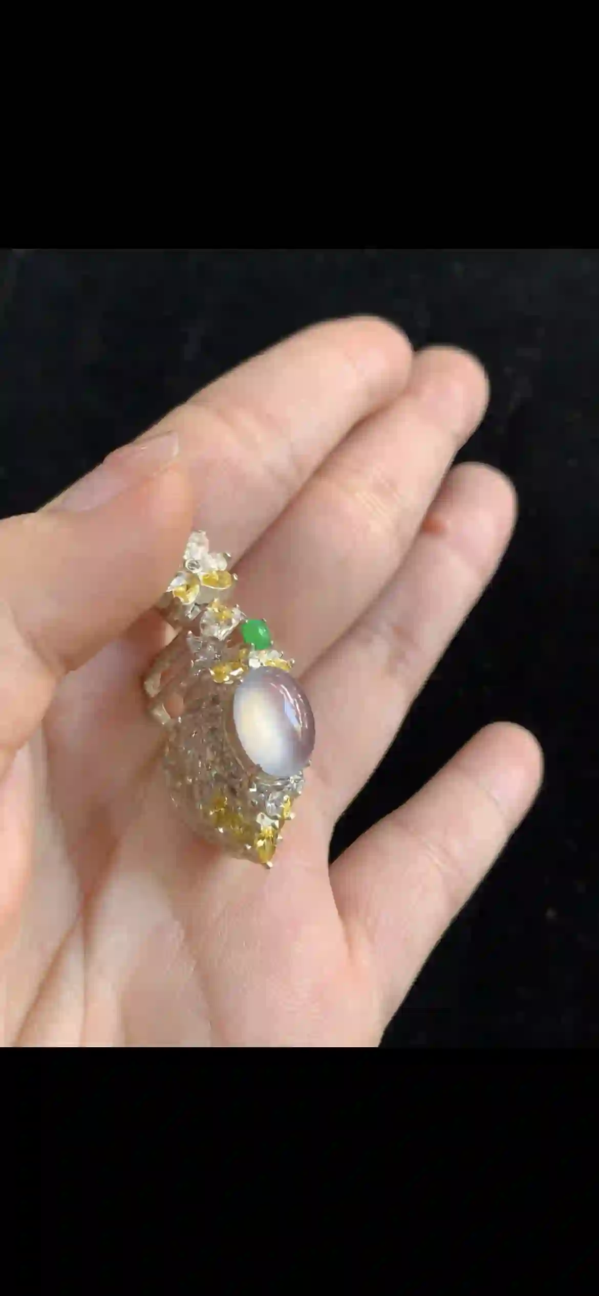 Dreamy Lavender Opalescent Jade Statement Ring — Multi-Gem Floral Halo in Silver | Myanmar Jadeite reference #34980001
