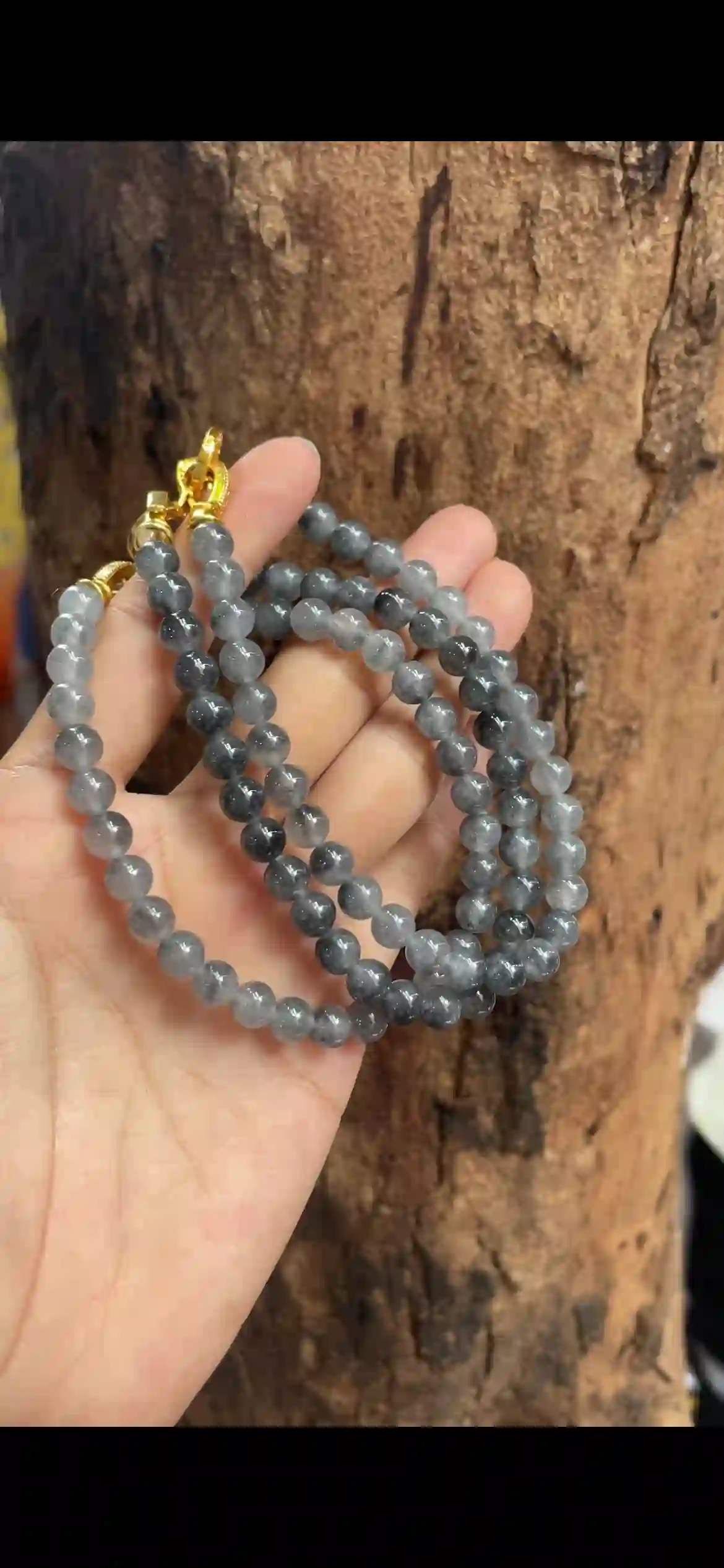  Icy Black‑Gray “Wuji / Ink” Jadeite Multi‑Loop Strand with Gold‑Tone Clasp, view 2 | Myanmar Jadeite reference #9540006