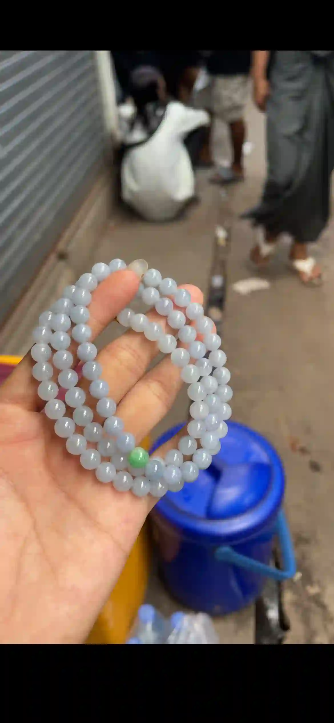 Soft Pale Blue-Grey Jade Bead Strand with Contrasting Green Accent Bead | Myanmar Jadeite reference #25320001