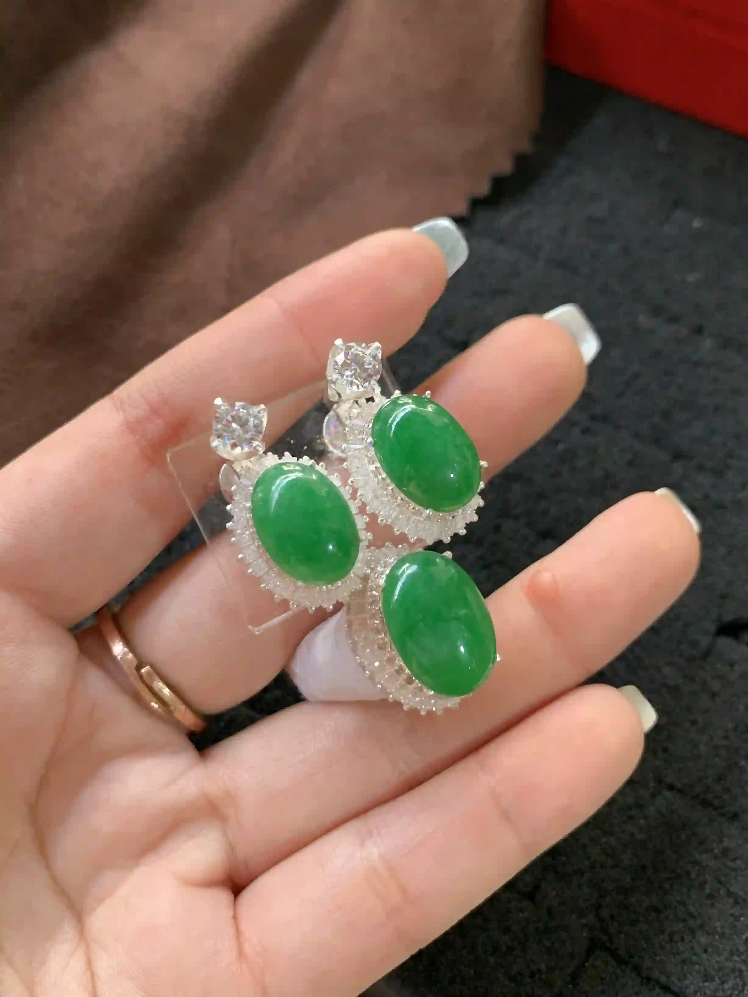 Vibrant Green Gemstone Jewelry Set (Earrings & Ring), view 2 | Myanmar Jadeite reference #360003