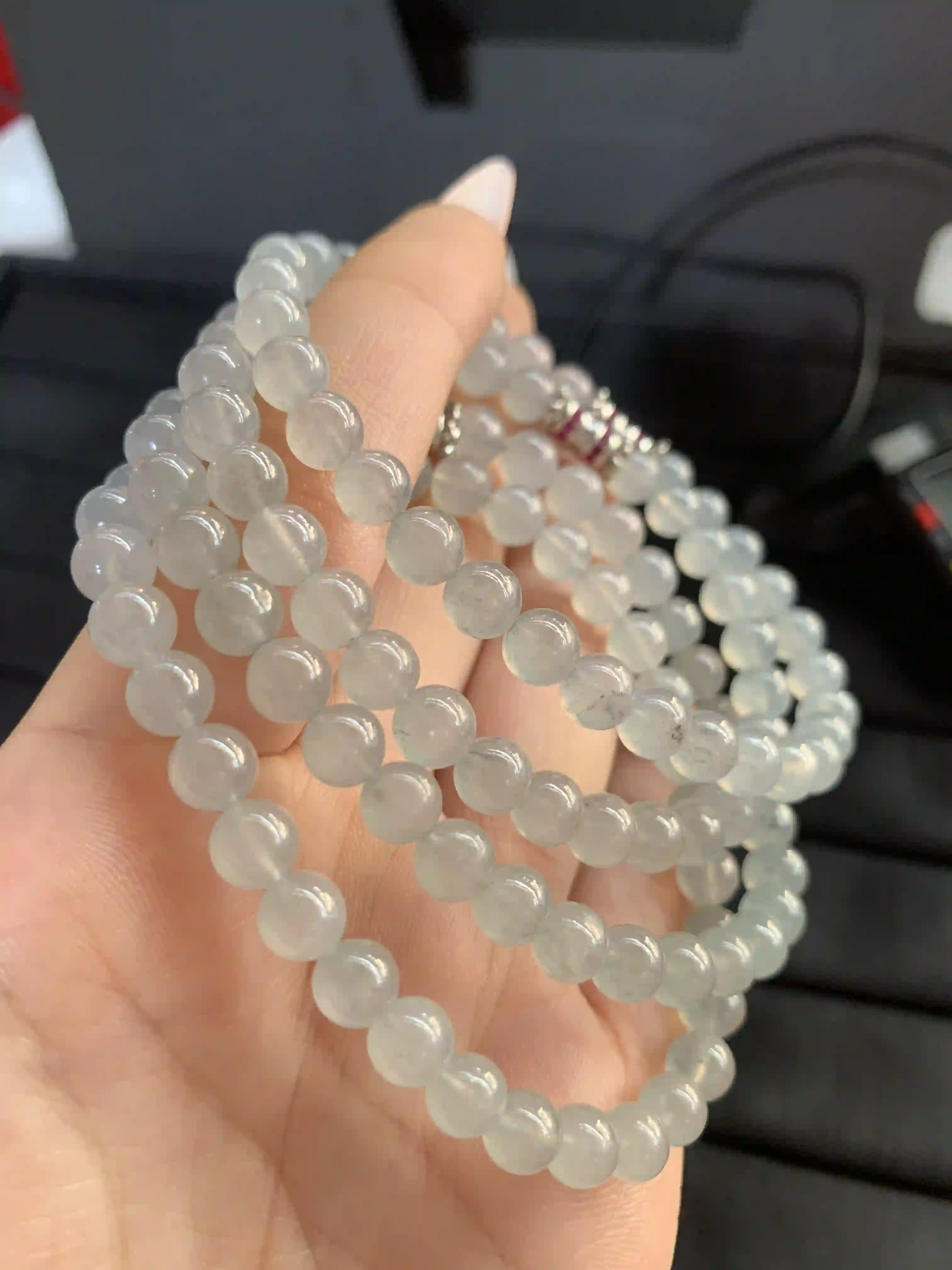 Set of Translucent Grayish-White Beaded Bracelets with Accent Clasps, view 2 | Myanmar Jadeite reference #1350007