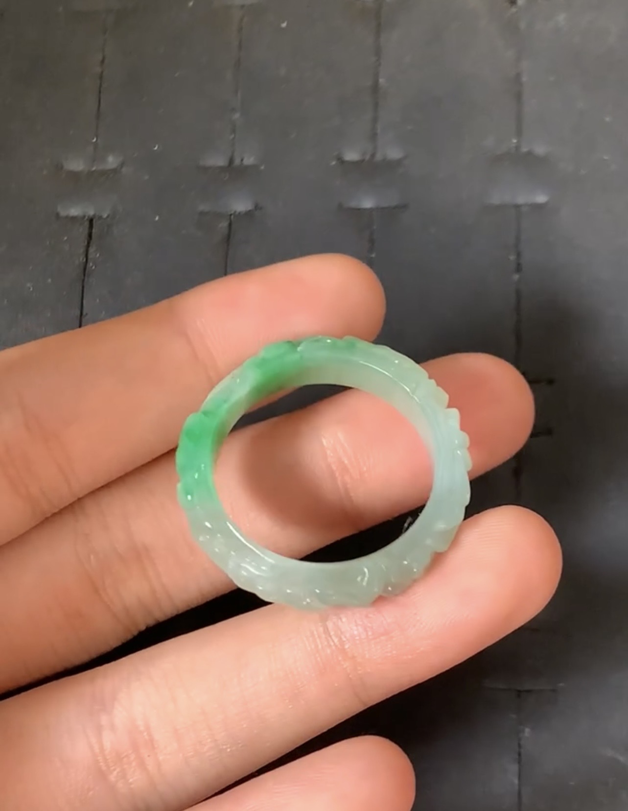 Hand-Carved Natural Green Jadeite Bamboo Joint Ring | Myanmar Jadeite reference #37770001