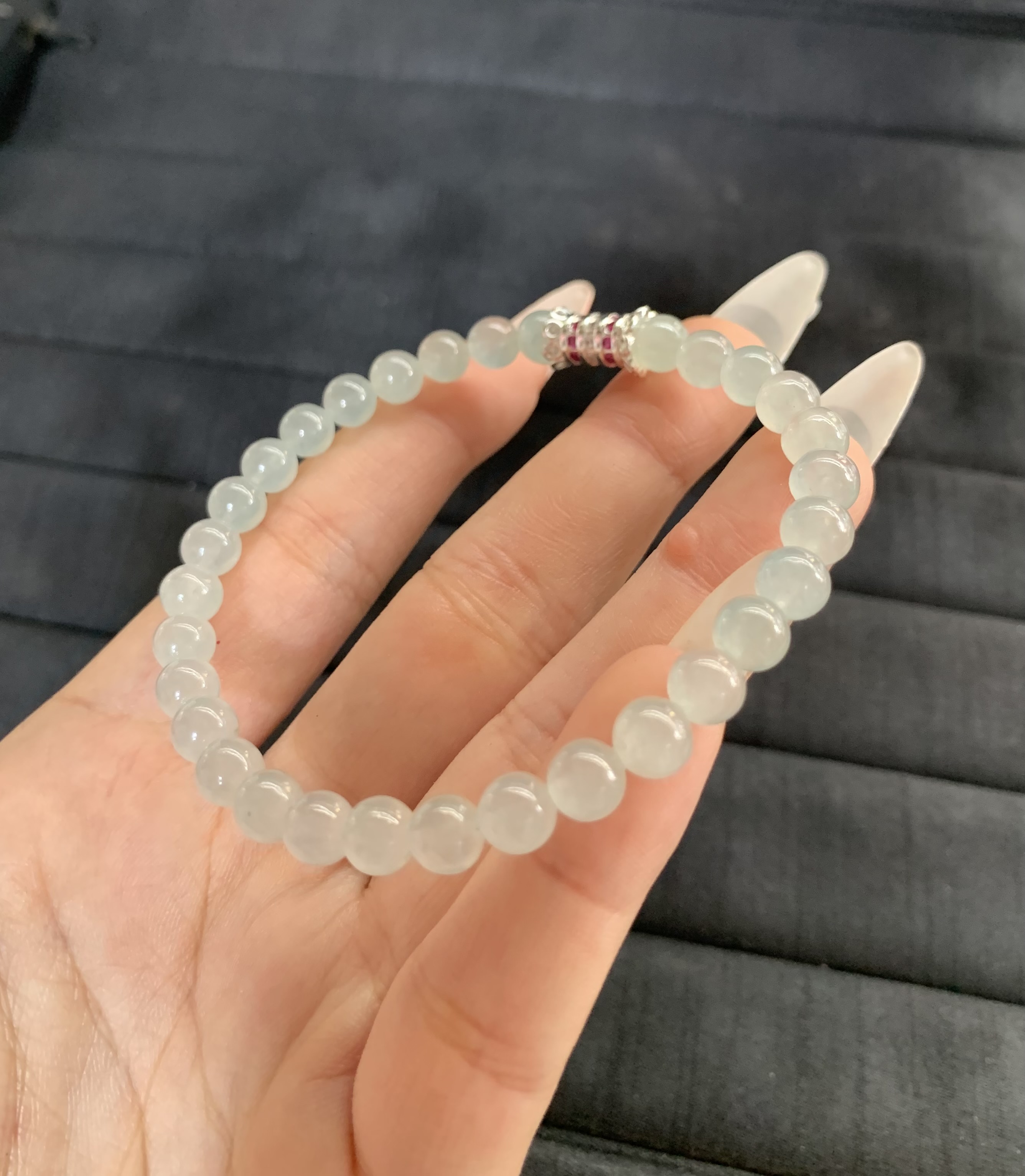 Elegant Translucent Light Green Bead Bracelet with Accent Clasp - Burmese Jadeite from Myanmar